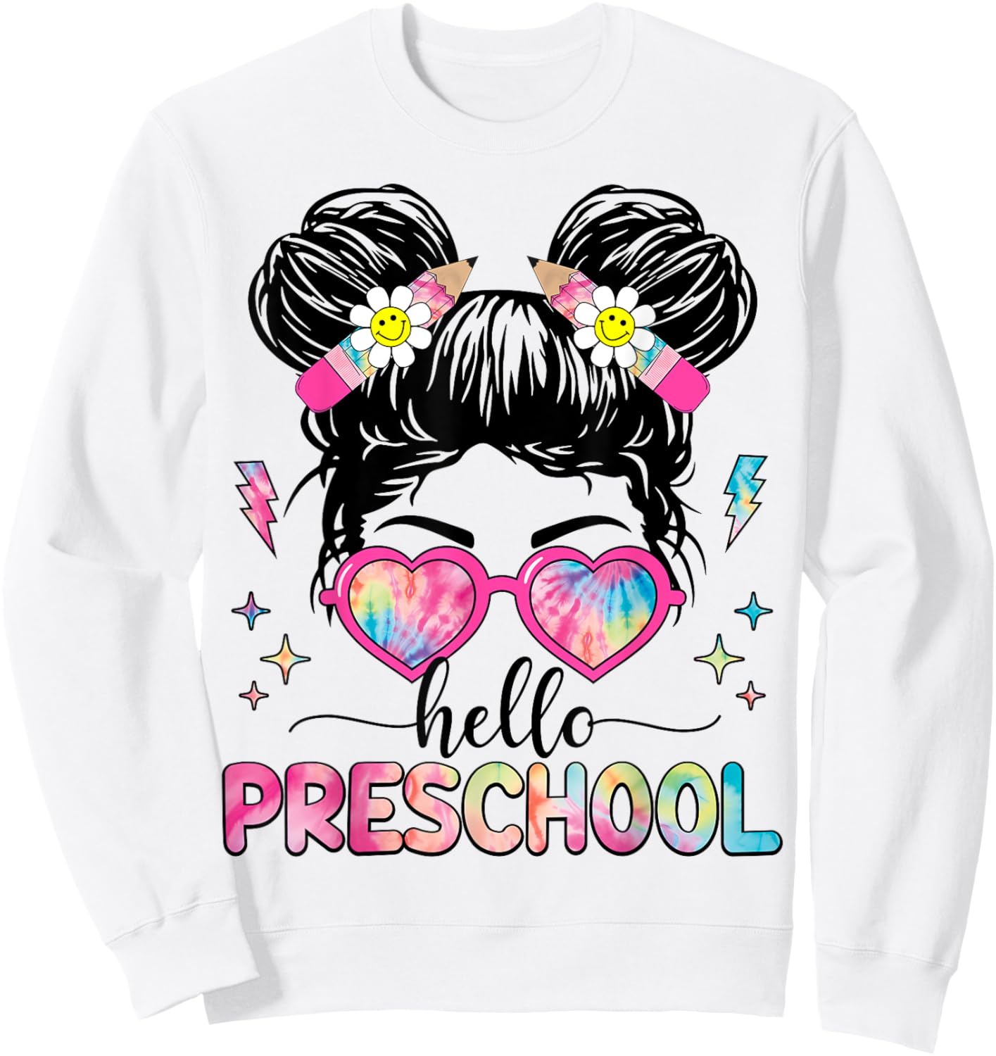 Hello Preschool Messy Bun Girl Back To School First Day Sweatshirt - Sweatshirt | White