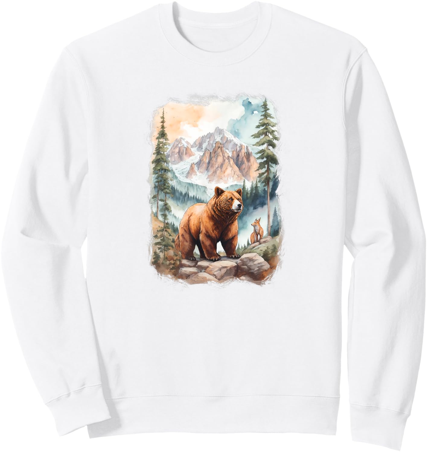 Bear and Fox in Mountain Forrest Sweatshirt - Sweatshirt | White