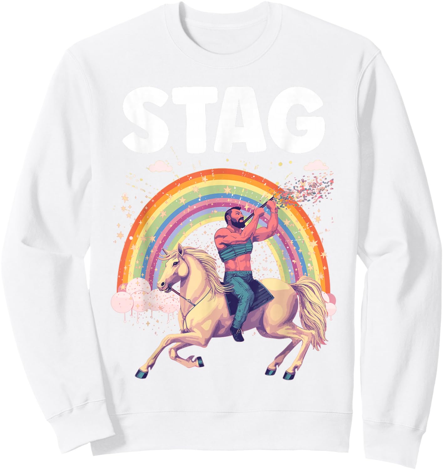 Funny Stag Do Pink Rainbow Man Riding A Horse Stag Costume Sweatshirt - Sweatshirt | White