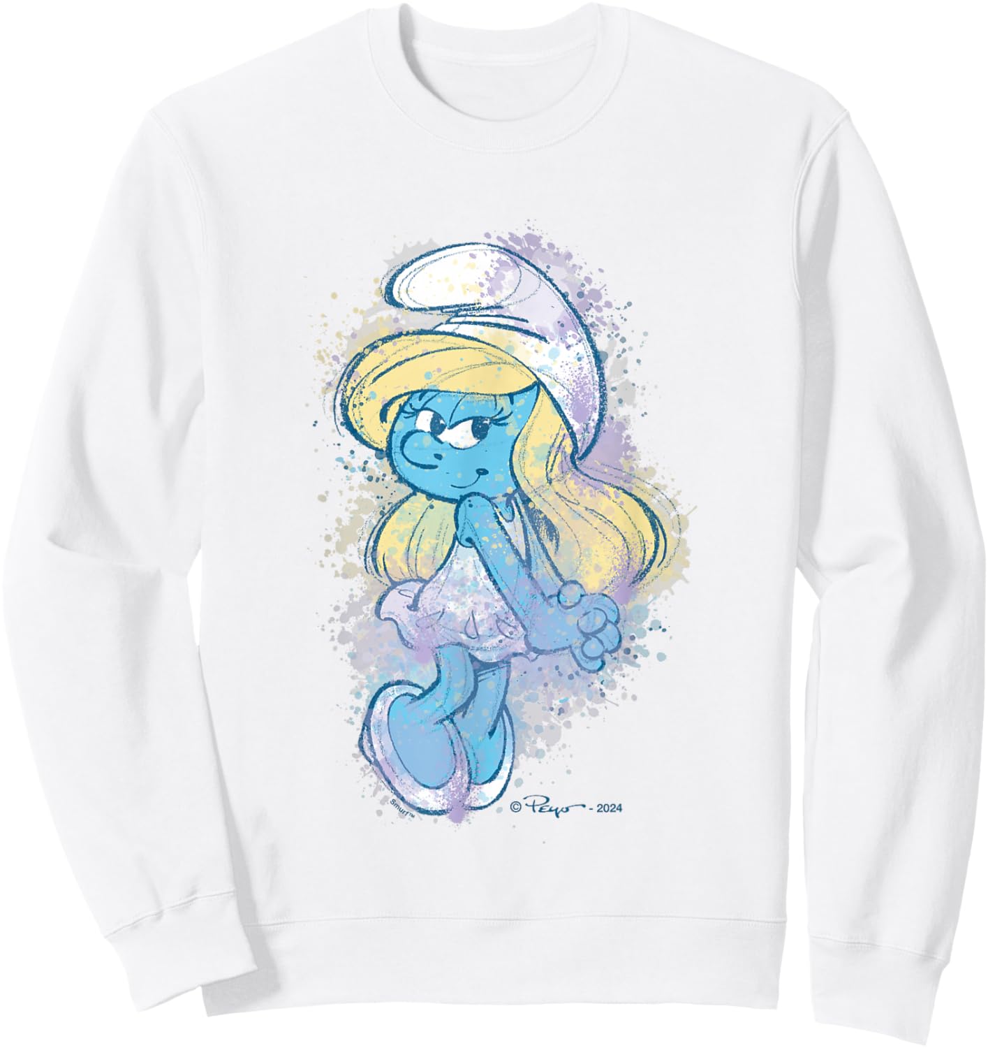 The Smurfs Cute Smurfette Watercolor Portrait Distressed Sweatshirt - Sweatshirt | White