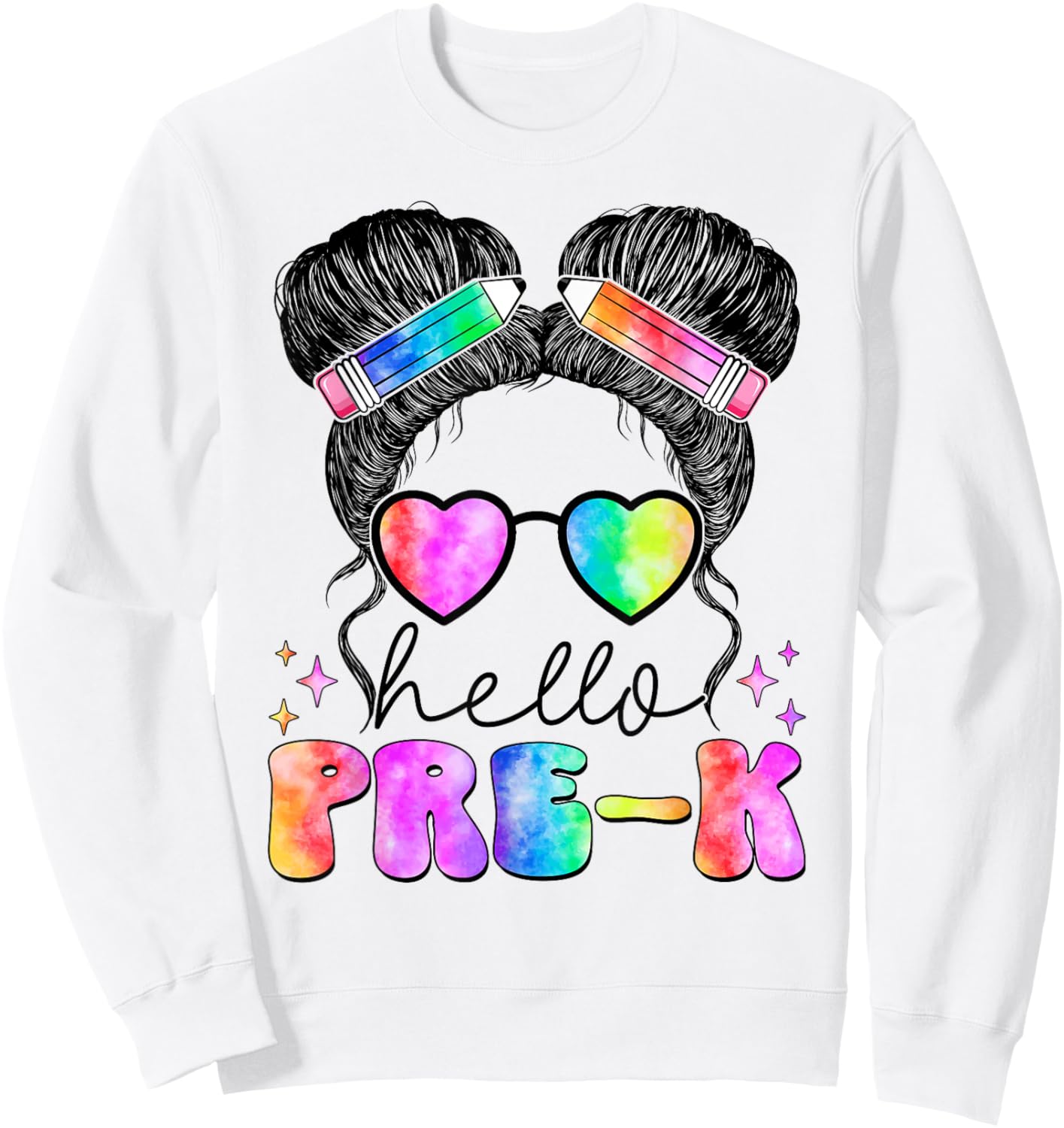 Messy Hair Bun Girl Back To School First Day Hello Pre K Sweatshirt - Sweatshirt | White