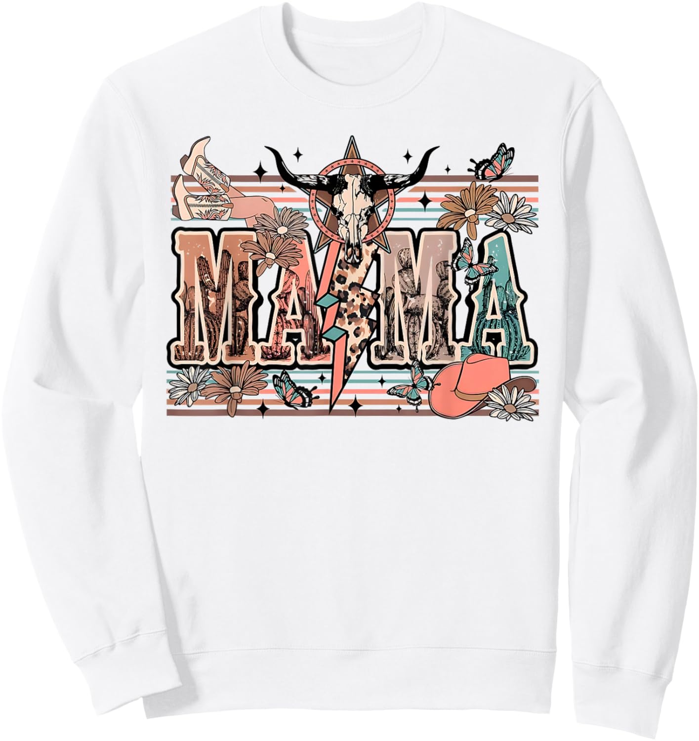 Mama Western Country Cow Skull Cowhide Mom Hippies Mama Sweatshirt - Sweatshirt | White