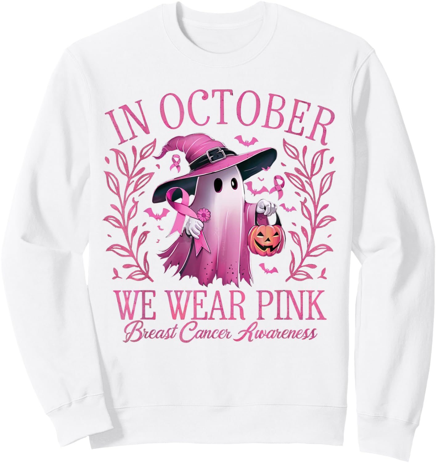 In October We Wear Pink Breast Cancer Awareness Halloween Sweatshirt - Sweatshirt | White
