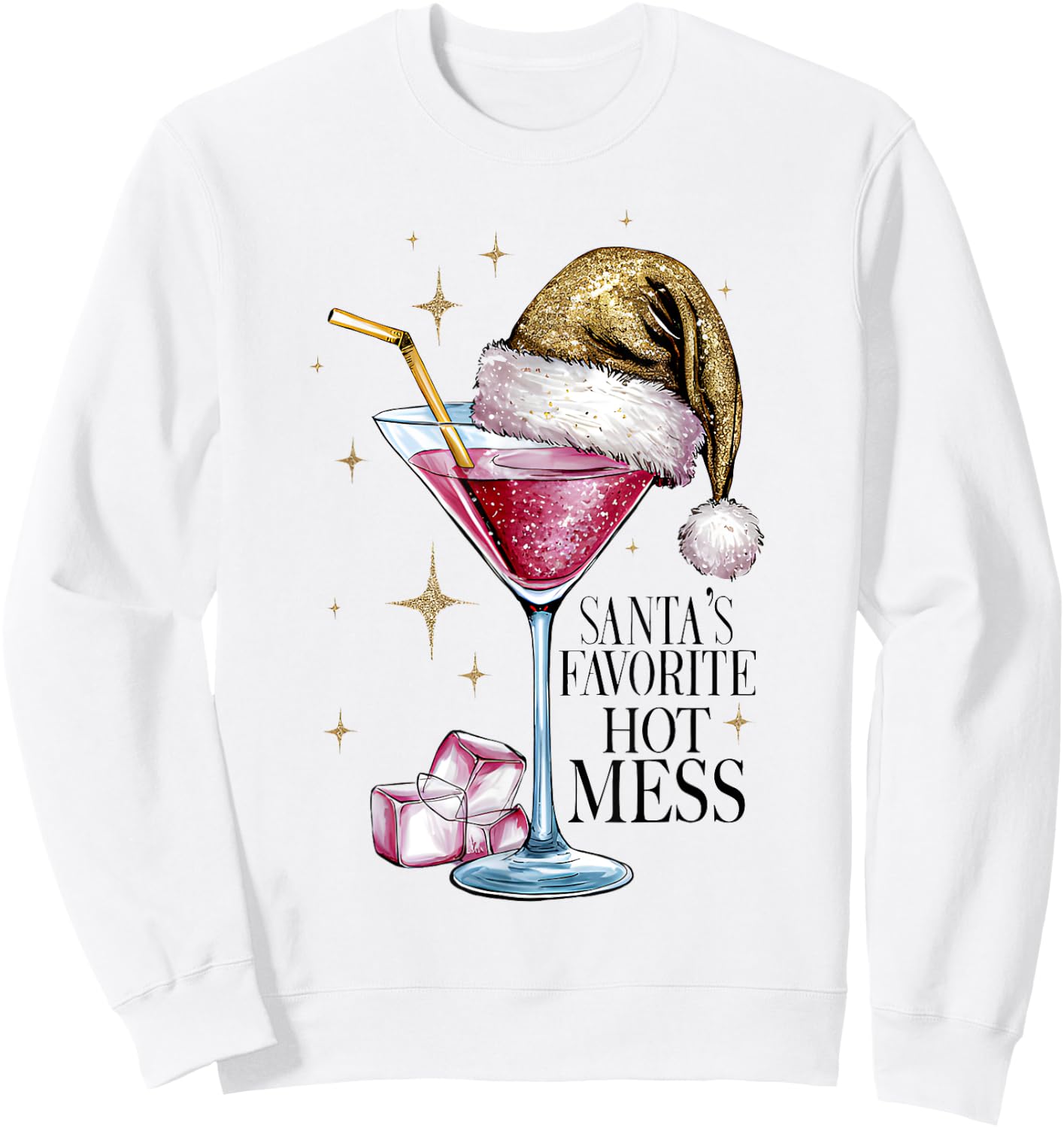 Women Santa's Favorite Hot Mess Christmas Pink Margarita Sweatshirt - Sweatshirt | White