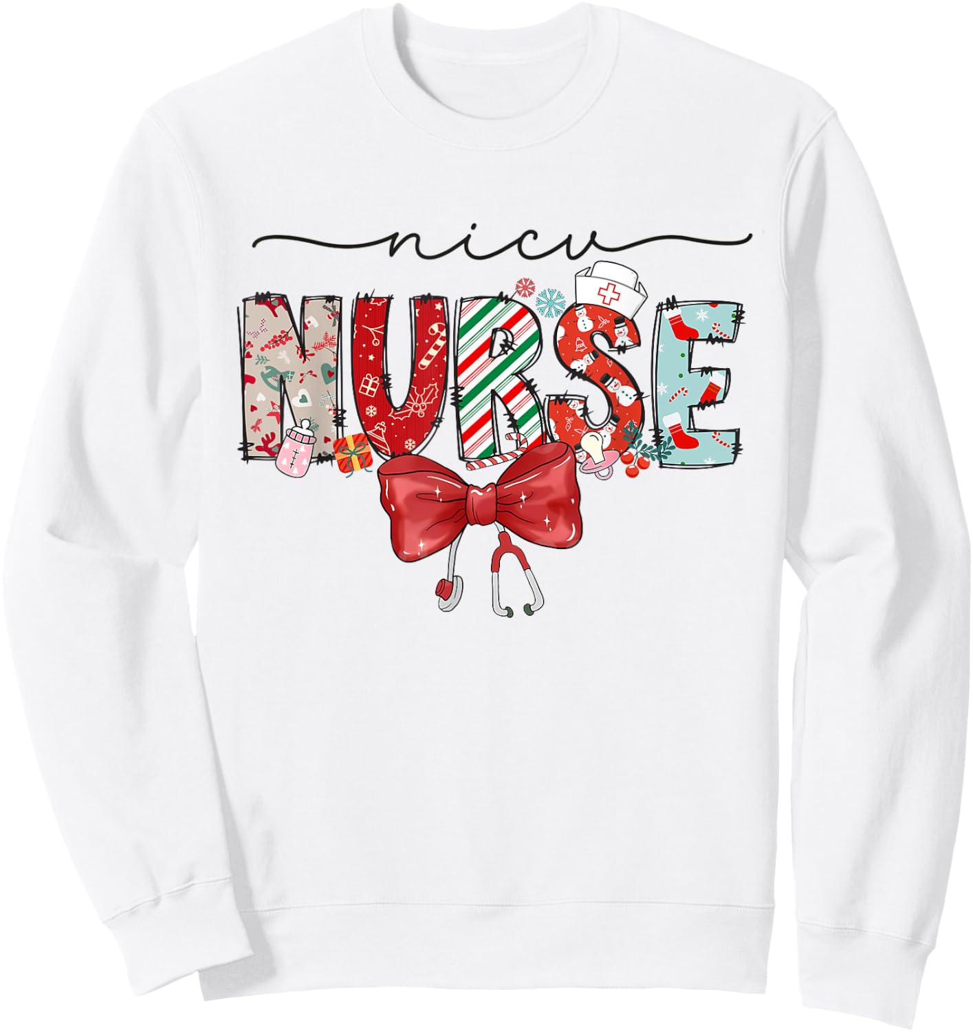 NICU Nurse Christmas Coquette Bow Holiday NICU Crew Team Sweatshirt - Sweatshirt | White