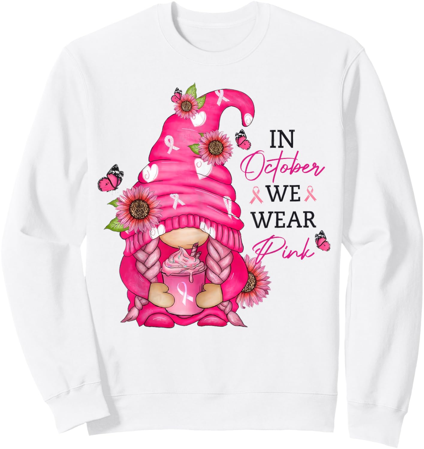 In October We Wear Pink Gnome Breast Cancer Sweatshirt - Sweatshirt | White