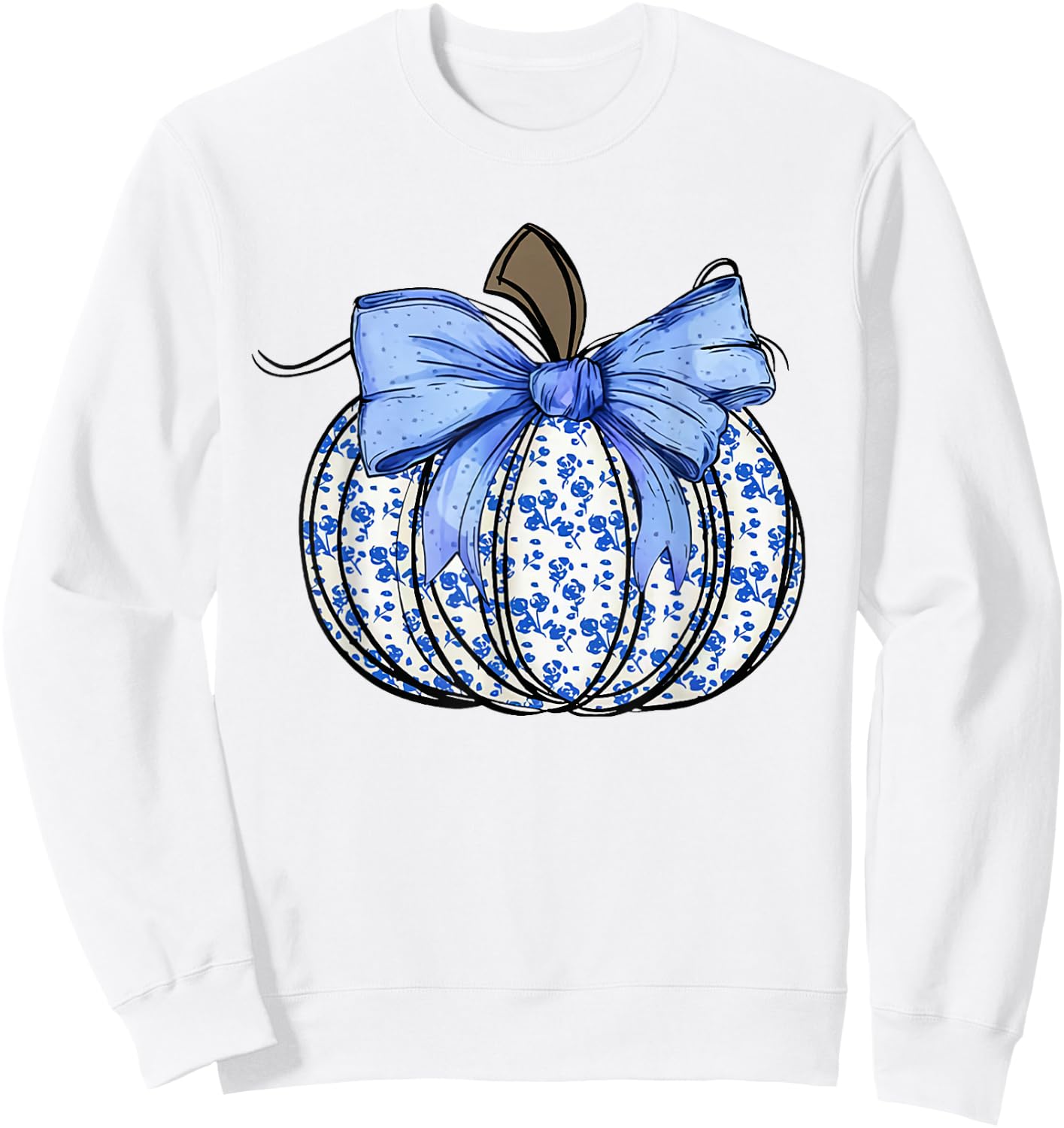 Retro Coquette Bow Blue Floral Pumpkin Halloween Autumn Fall Sweatshirt - Sweatshirt | White