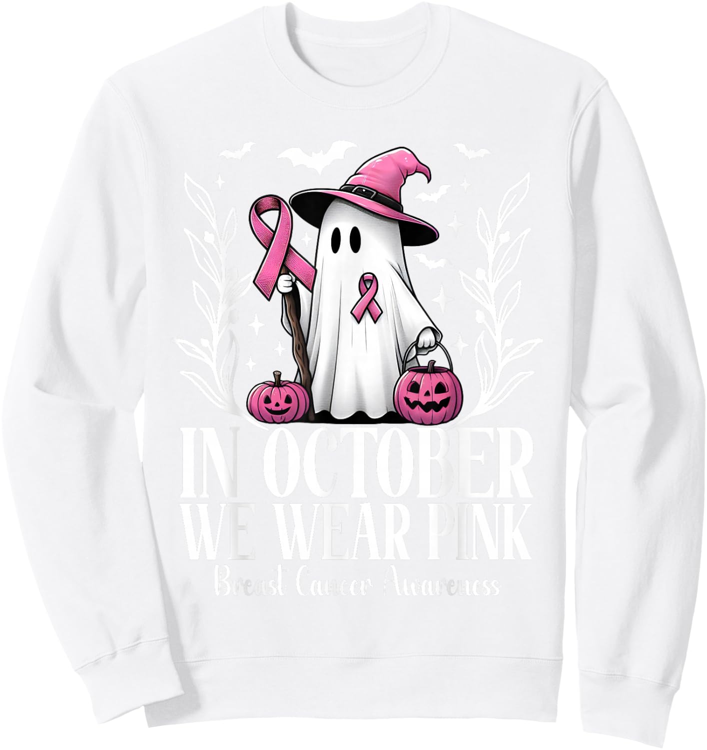 In October We Wear Pink Breast Cancer Ghost Witch Halloween Sweatshirt - Sweatshirt | White