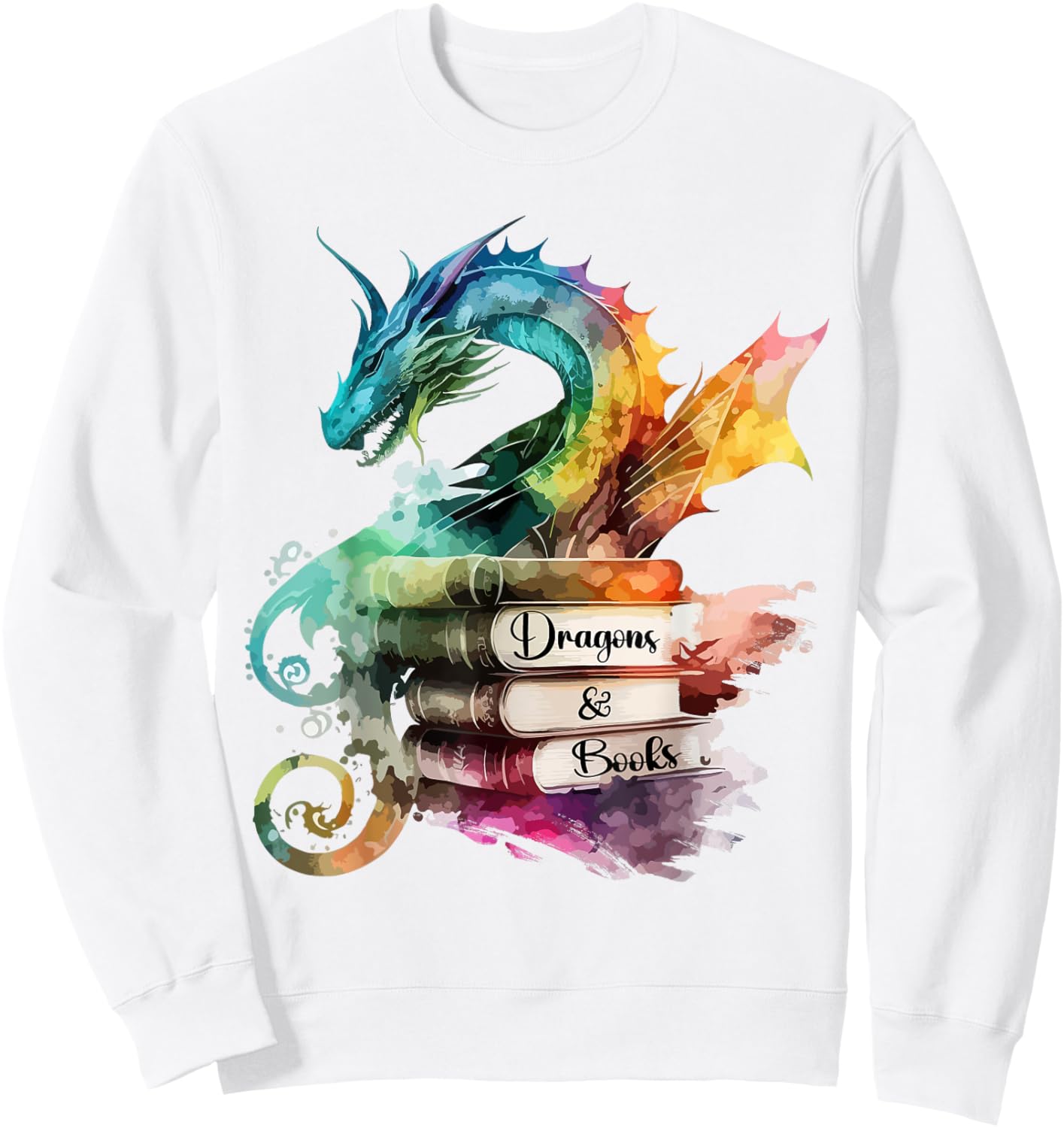 Dragons and Books Watercolor Fantasy Dragon Lover Theme Sweatshirt - Sweatshirt | White
