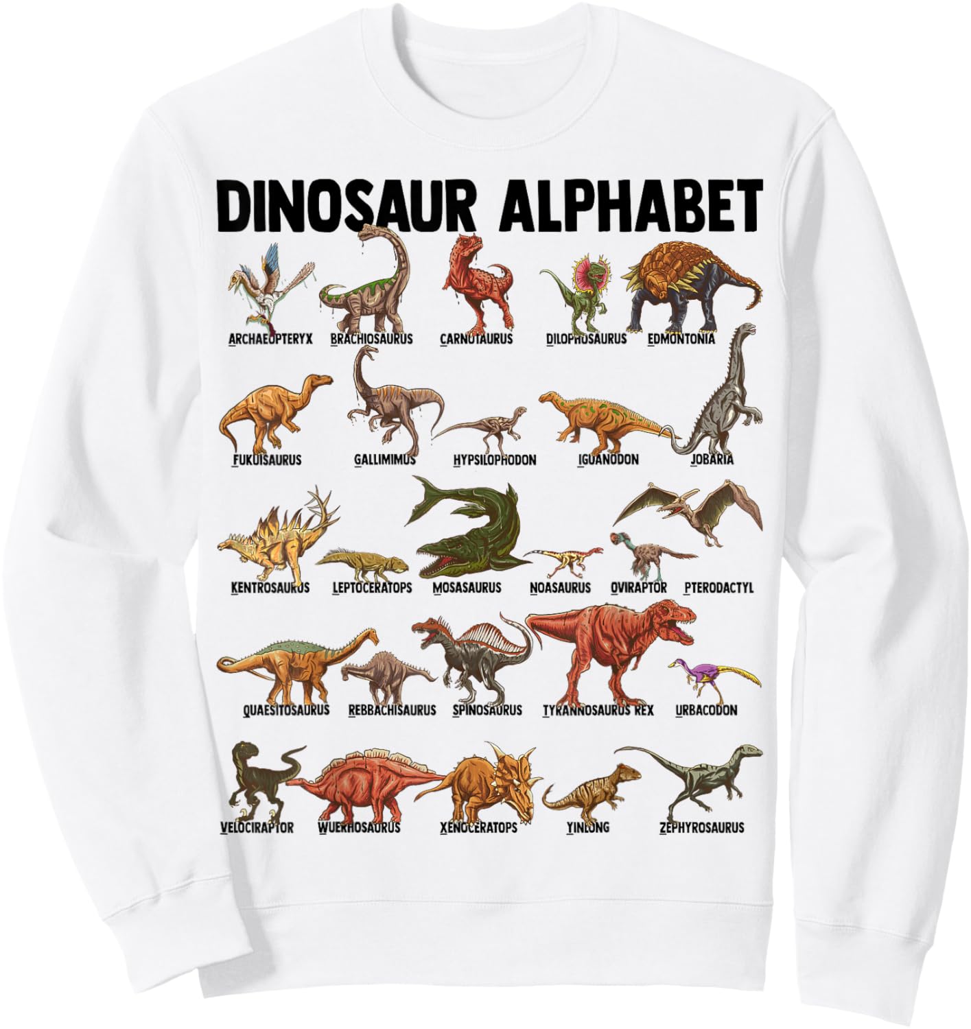 Dinosaur Alphabet - Dino Types Identification - A-Z ABC Sweatshirt - Sweatshirt | White