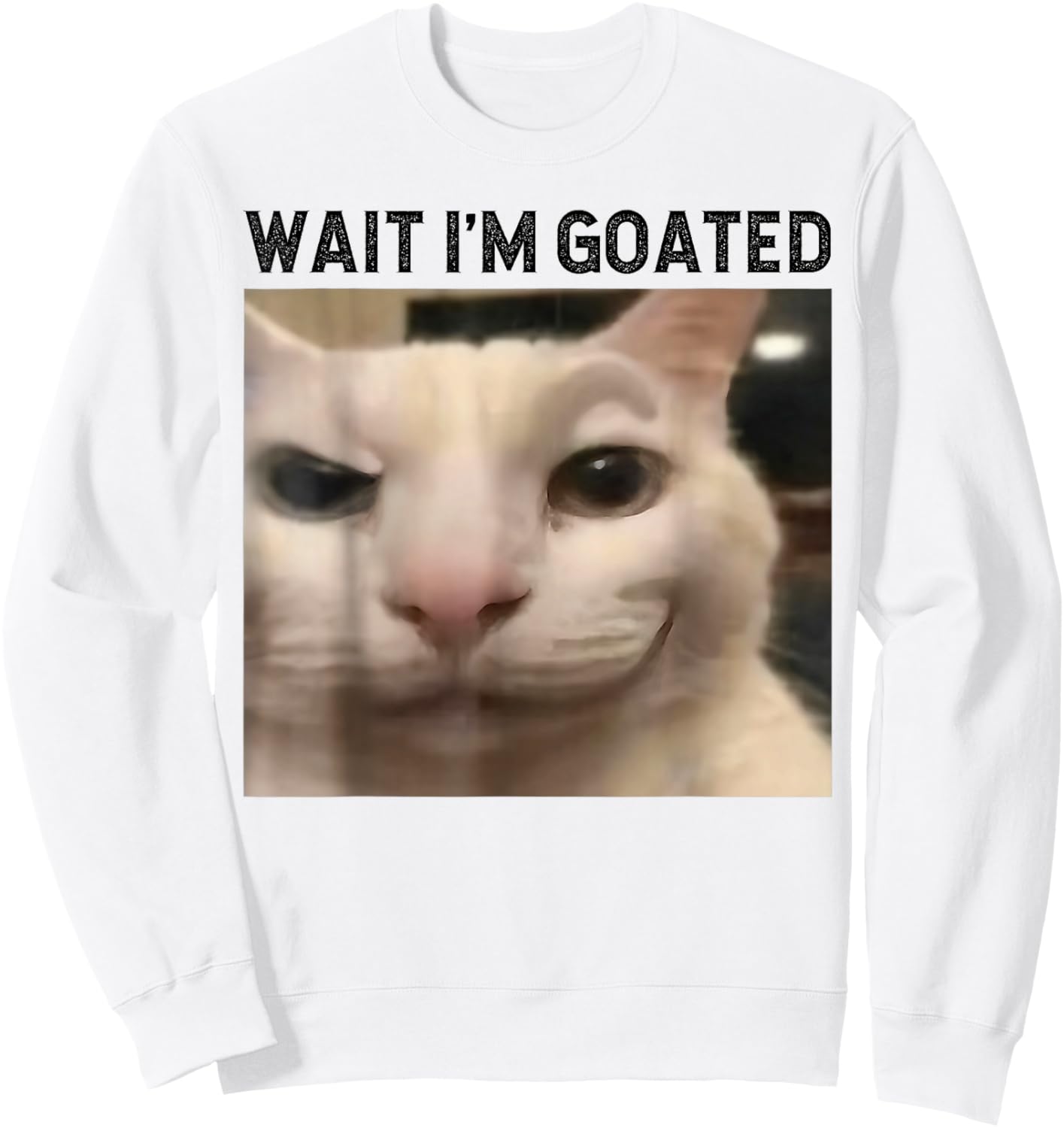 Wait I'm Goated Cat Funny Silly Cat Staring Cat Funny Meme Sweatshirt - Sweatshirt | White