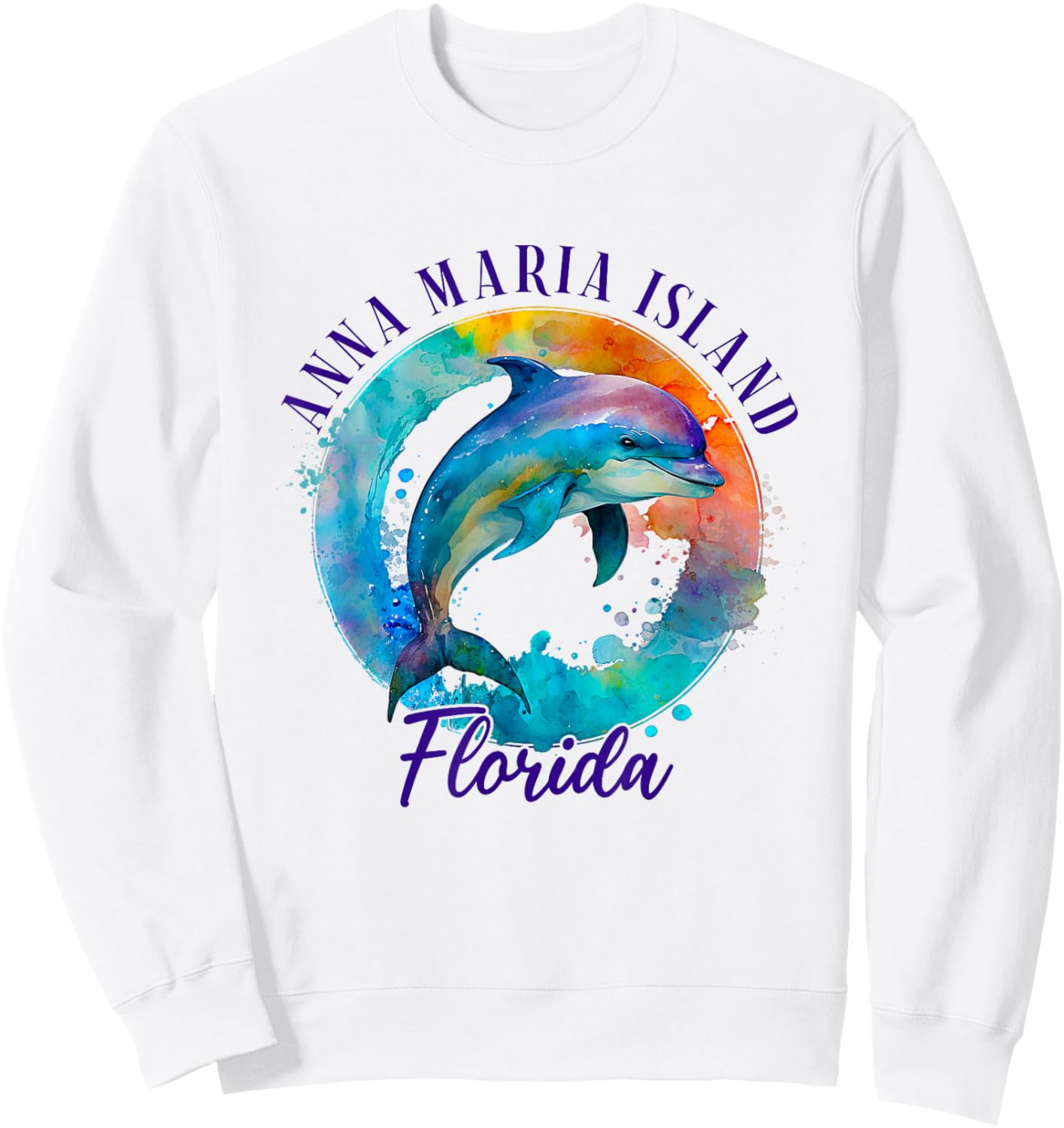 Anna Maria Island Florida Happy Watercolor Dolphin Sweatshirt - Sweatshirt | White
