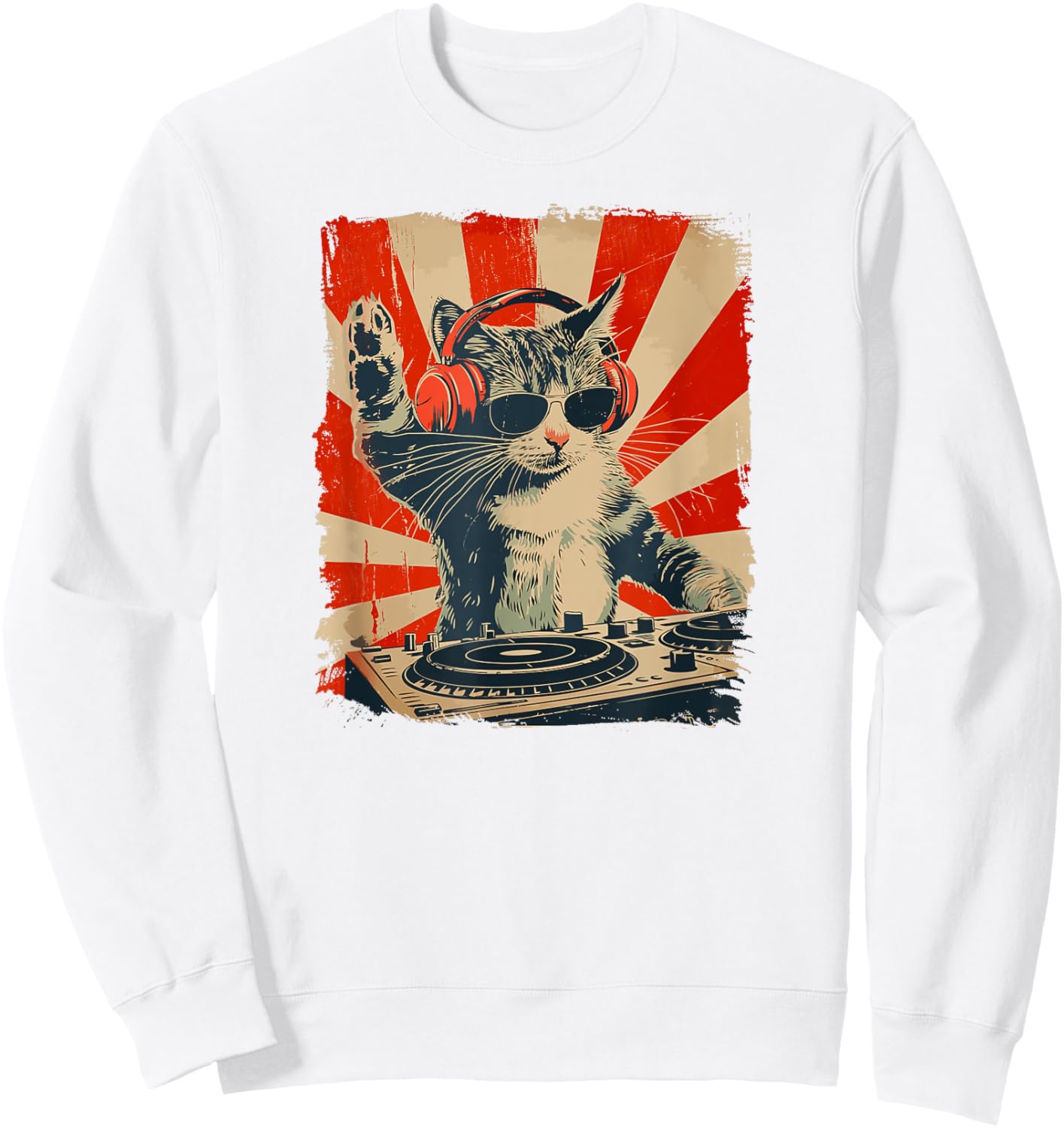 Funny DJ Cat Disco Sound Tech Headphone Music Sweatshirt - Sweatshirt | White