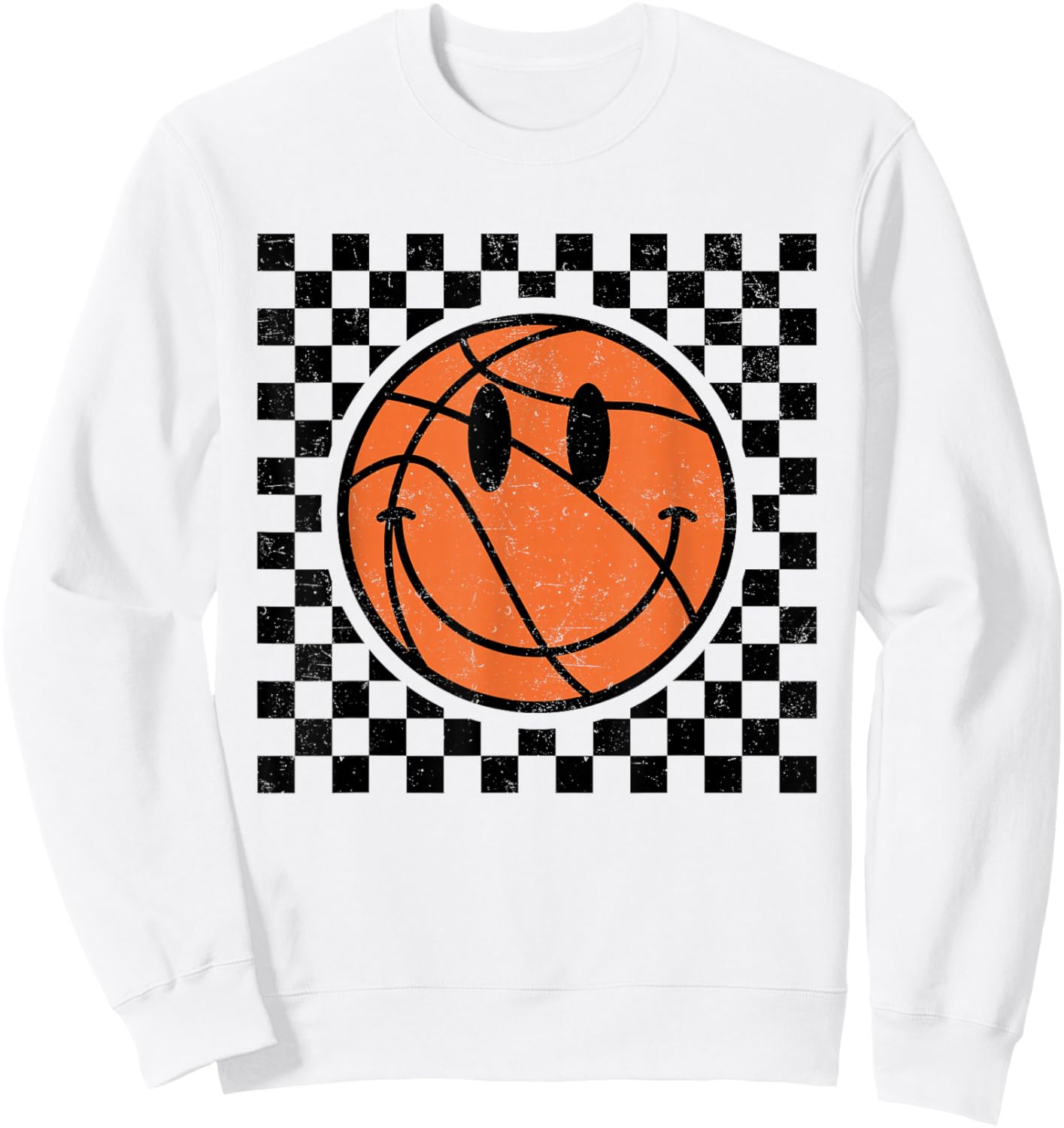 Game Day Basketball Smile Face Checkered Retro Vintage Style Sweatshirt - Sweatshirt | White