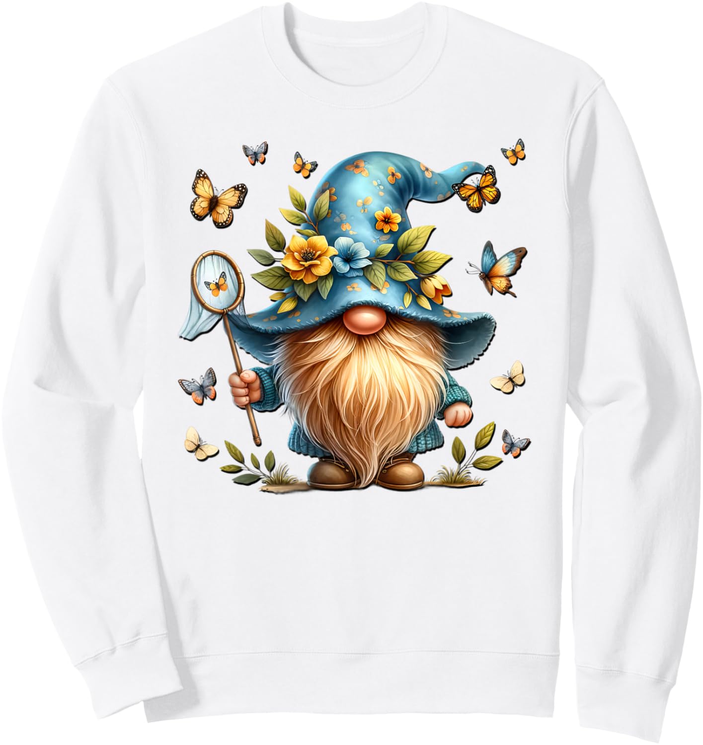 Colorful Butterfly Summer Gnome Graphic Spring Sweatshirt - Sweatshirt | White
