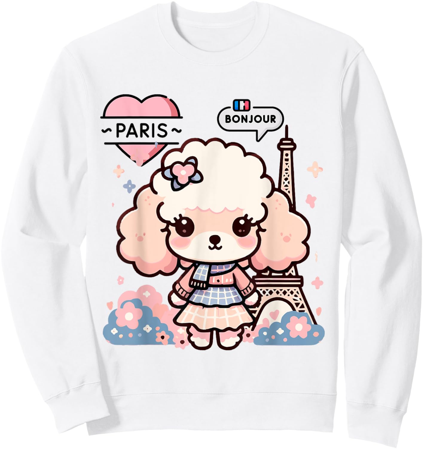 Bonjour French Paris Eiffel Tower Kawaii Toy Poodle Paris Sweatshirt - Sweatshirt | White