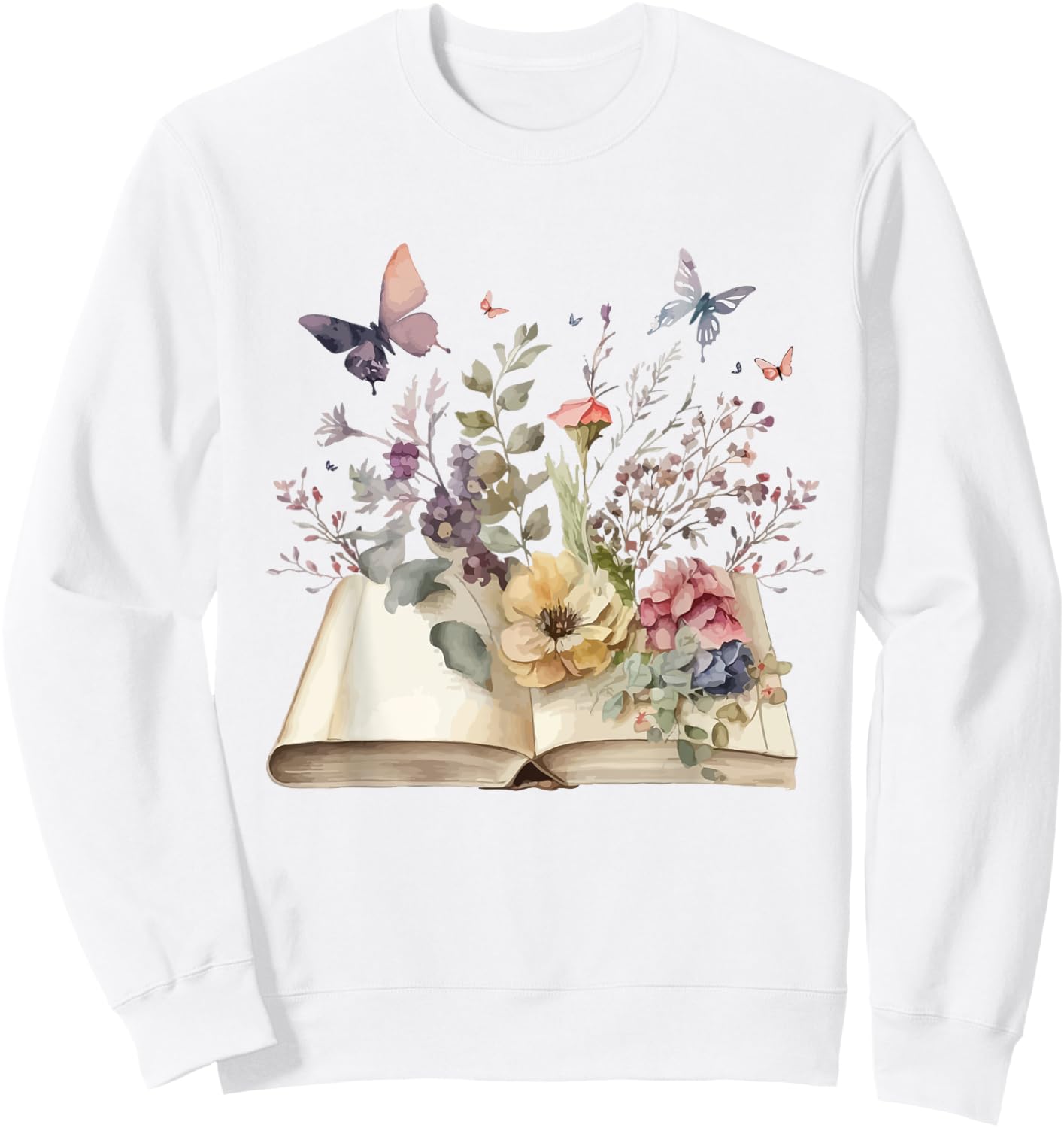 Book Flowers and Butterfly Beautiful Reading Reader Graphic Sweatshirt - Sweatshirt | White