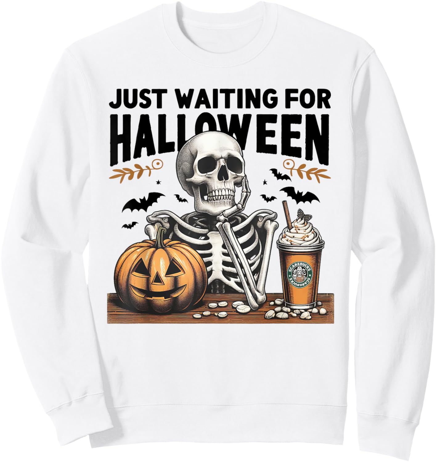 Just Waiting For Halloween Skeleton Ice Coffee Pumpkin Sweatshirt - Sweatshirt | White