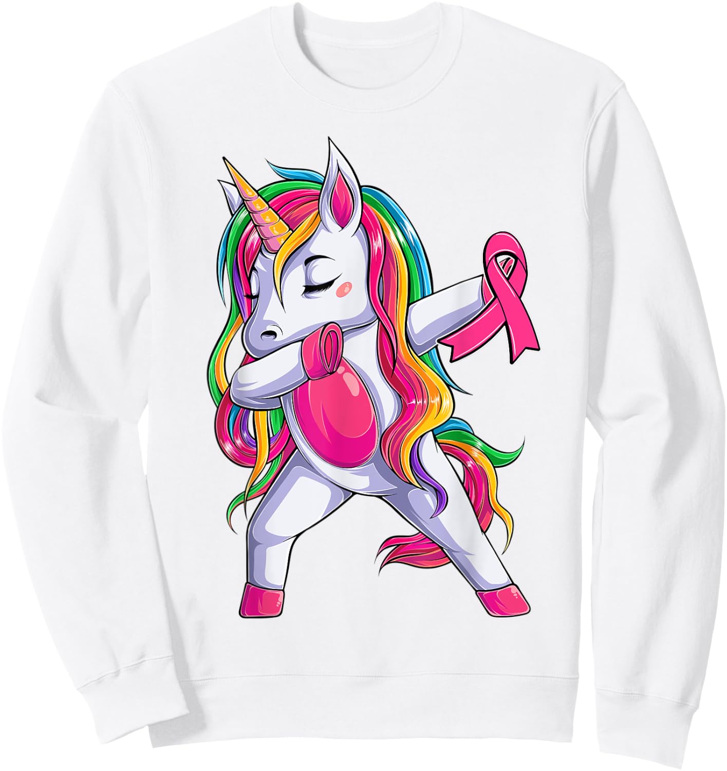 Dabbing Unicorn Pink Ribbon Breast Cancer Awareness Support Sweatshirt - Sweatshirt | White