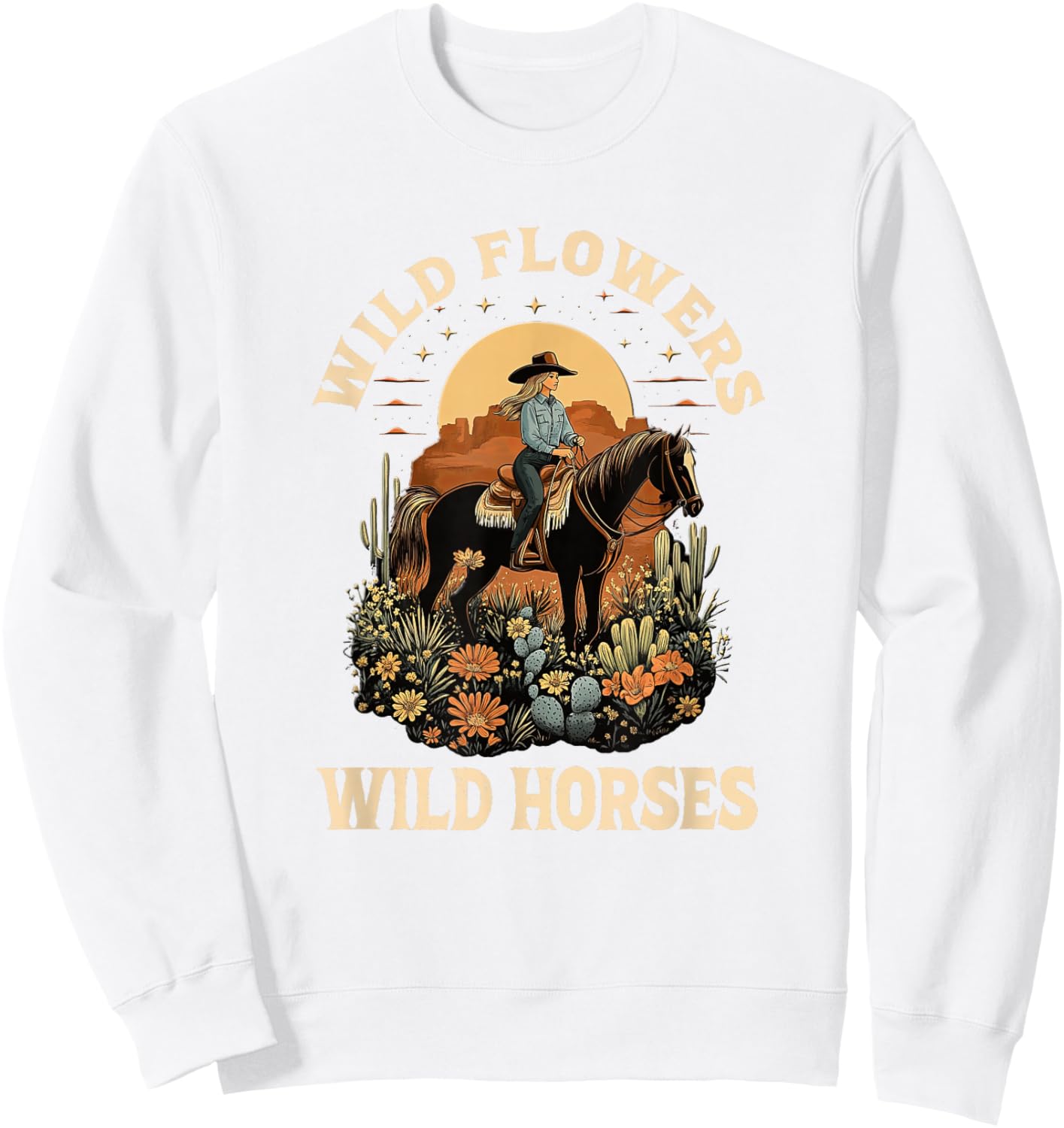 Western Sunset Cowgirl Riding Horse Wild Flowers Wild Horses Sweatshirt - Sweatshirt | White
