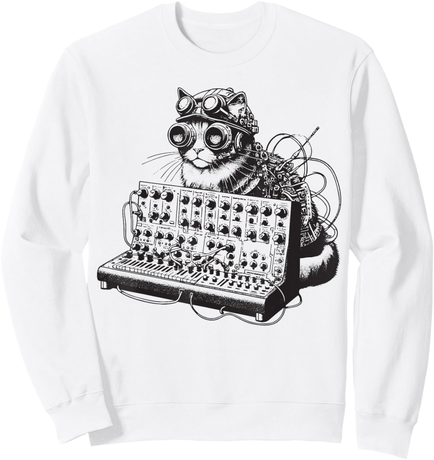 Steampunk Cat playing Synthesizer Synth Kitten Techno Music Men Women Sweatshirt - Sweatshirt | White