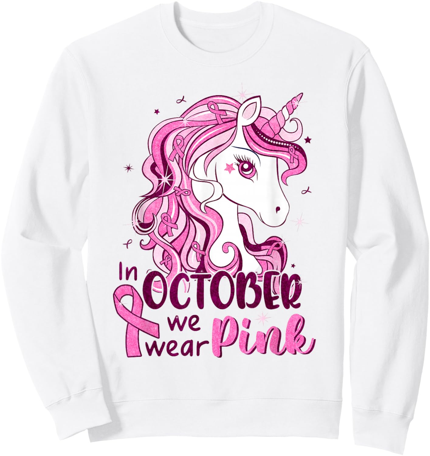 In October We Wear Pink Unicorn Breast Cancer Shirts Girls Sweatshirt - Sweatshirt | White