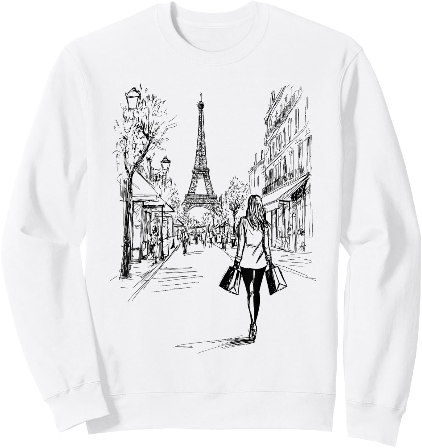 Paris Shopping Eiffel Tower Cute Girl Drawing Souvenir Art Sweatshirt - Sweatshirt | White