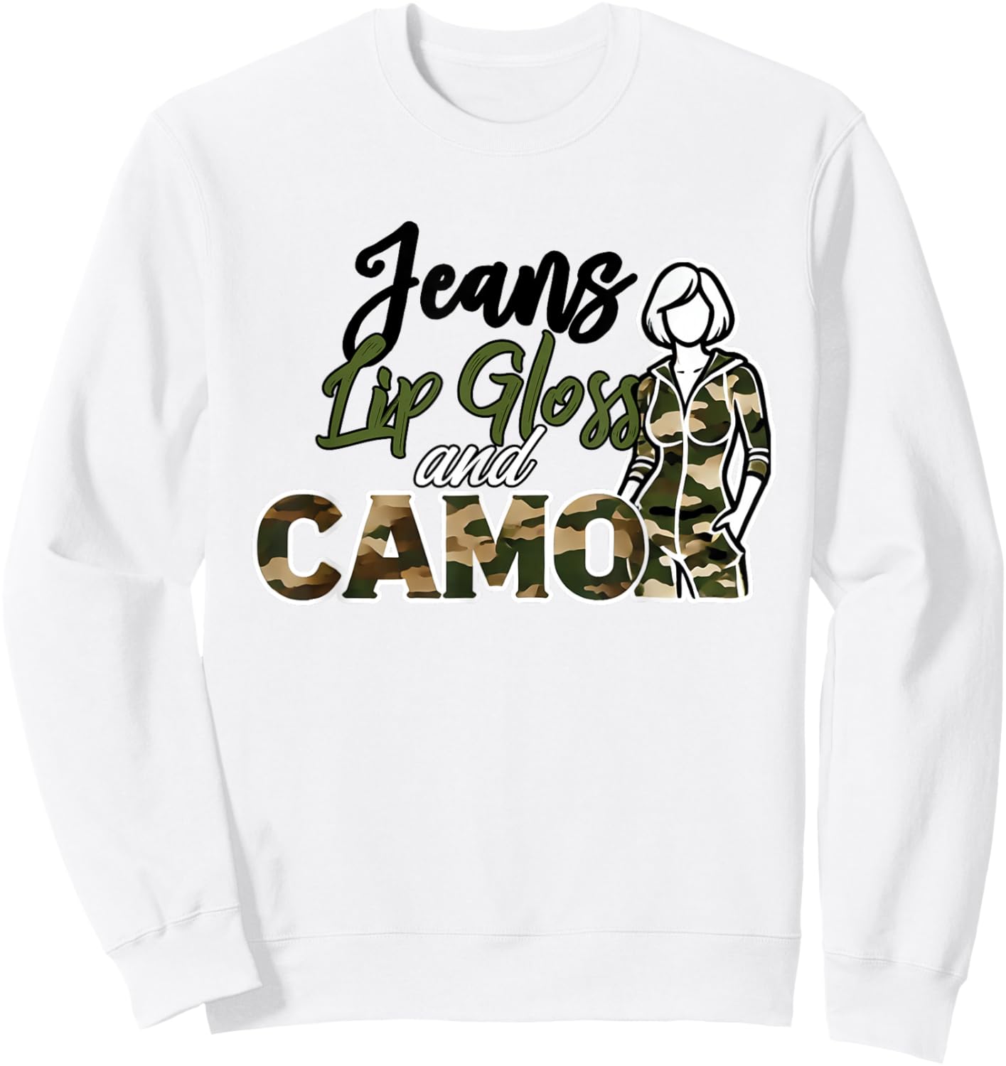 Jeans Lip Gloss Camo Sayings Graphic Orange Sweatshirt - Sweatshirt | White