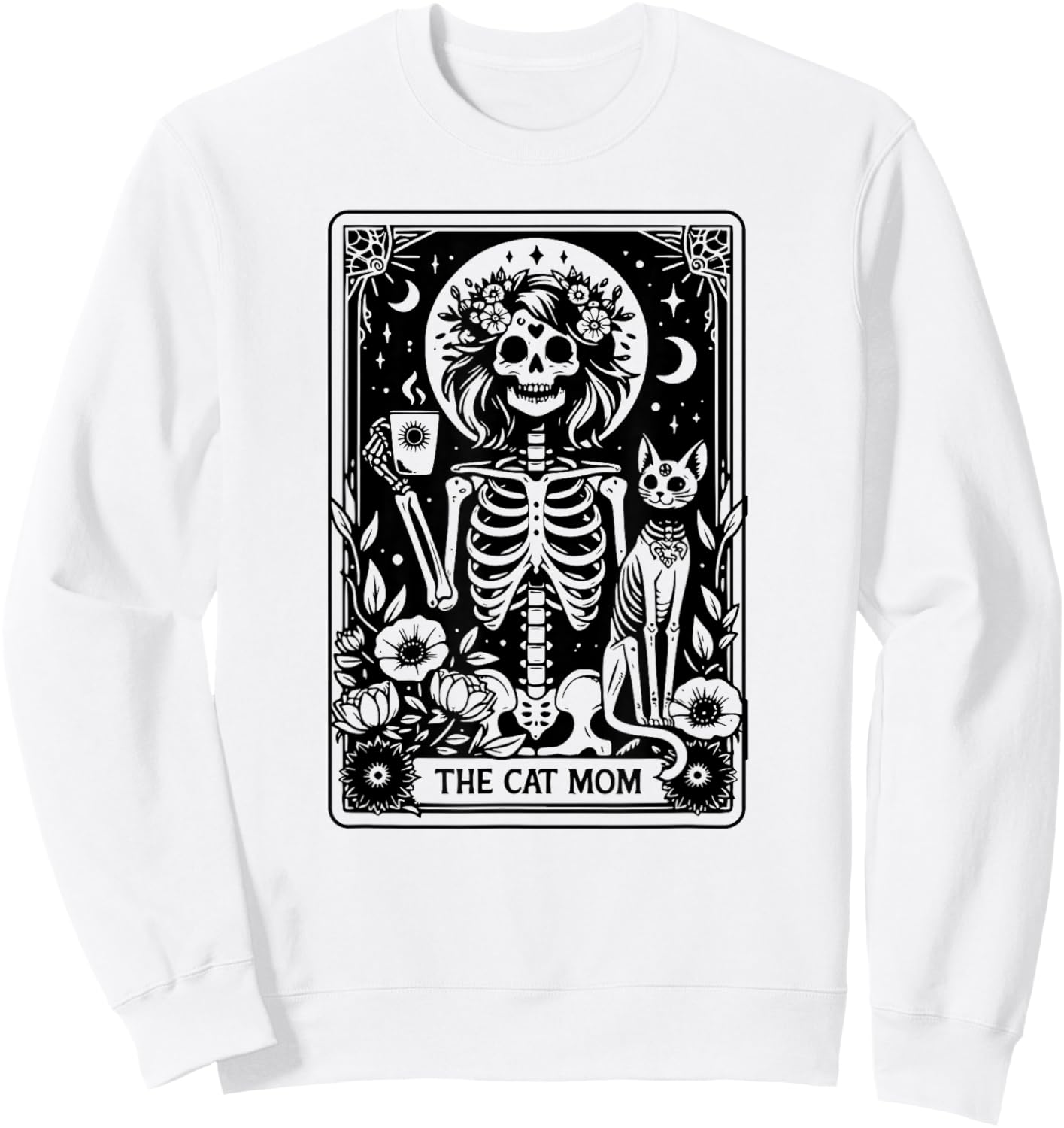 Skeleton The Cat Mom Tarot Card, Funny Cat Mama Mother's Day Sweatshirt - Sweatshirt | White
