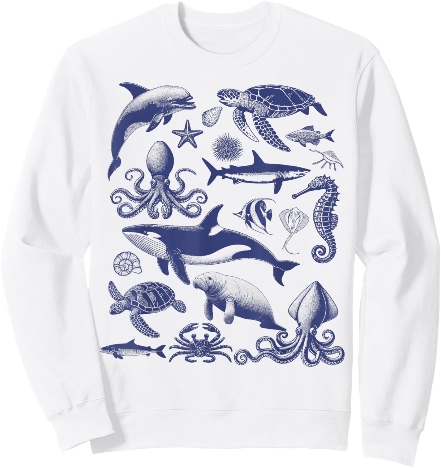 Ocean Wildlife Vintage Shark Turtle Octopus Graphic Sweatshirt - Sweatshirt | White
