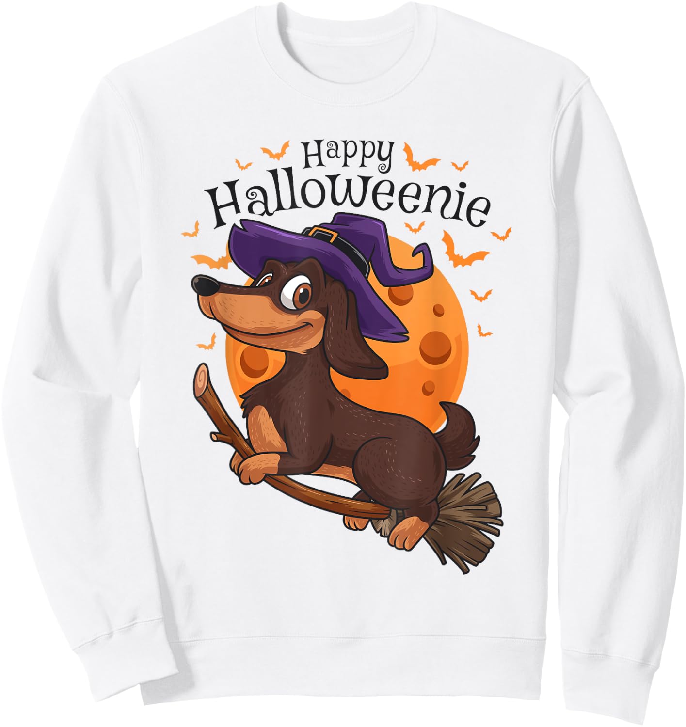Happy Halloweenie Dachshund Viennese Dog Halloween Witch Broom Sweatshirt - Sweatshirt | White