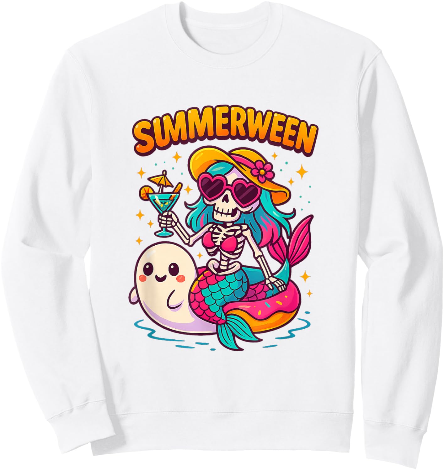 Cute Summerween Mermaid Skeleton Beach Halloween Girl Sweatshirt - Sweatshirt | White