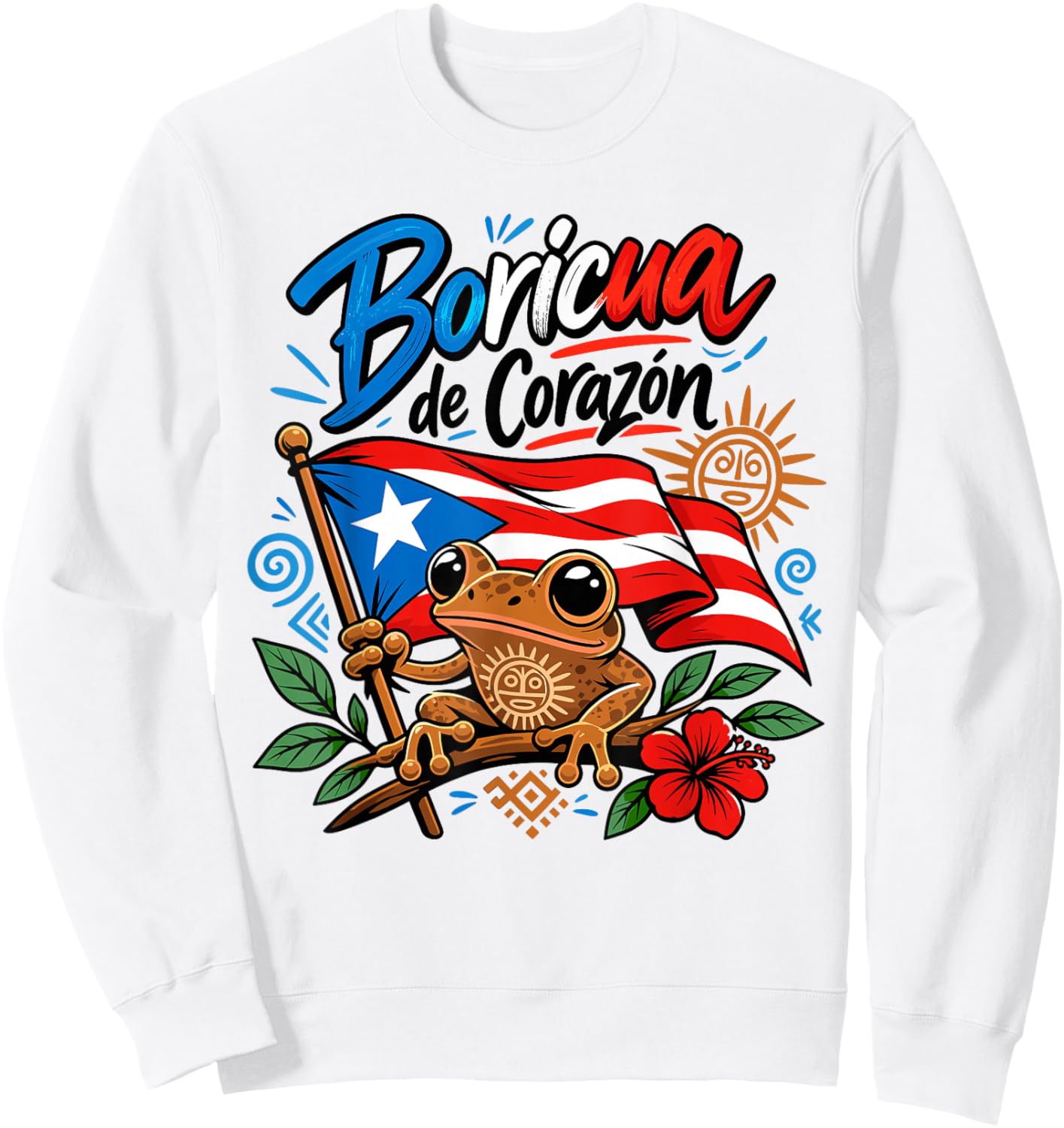Boricua De Corazon Coqui Frog Puerto Rico Flag Pride Sweatshirt - Sweatshirt | White