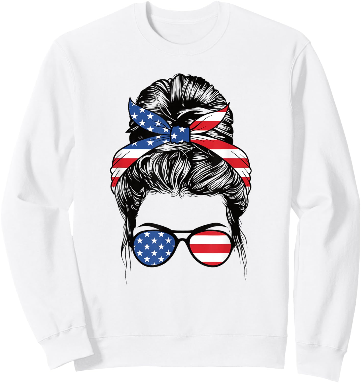 Cute 4th Of July Messy Bun Woman American Flag Patriotic USA Sweatshirt - Sweatshirt | White
