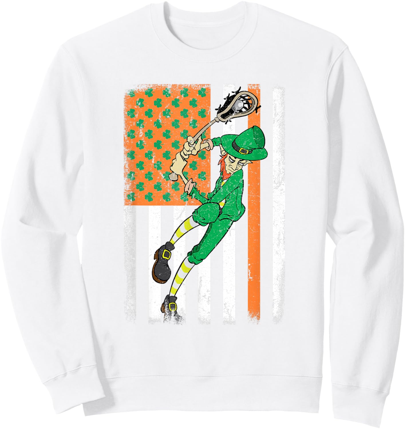 Lacrosse Player Leprechaun Irish USA Flag St Patrick's Day Kids Men Sweatshirt - Sweatshirt | White