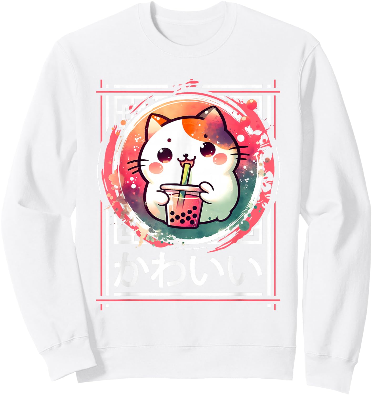Cute Cat Boba Tea Anime Japanese Kids Teens , Black, S Sweatshirt - Sweatshirt | White