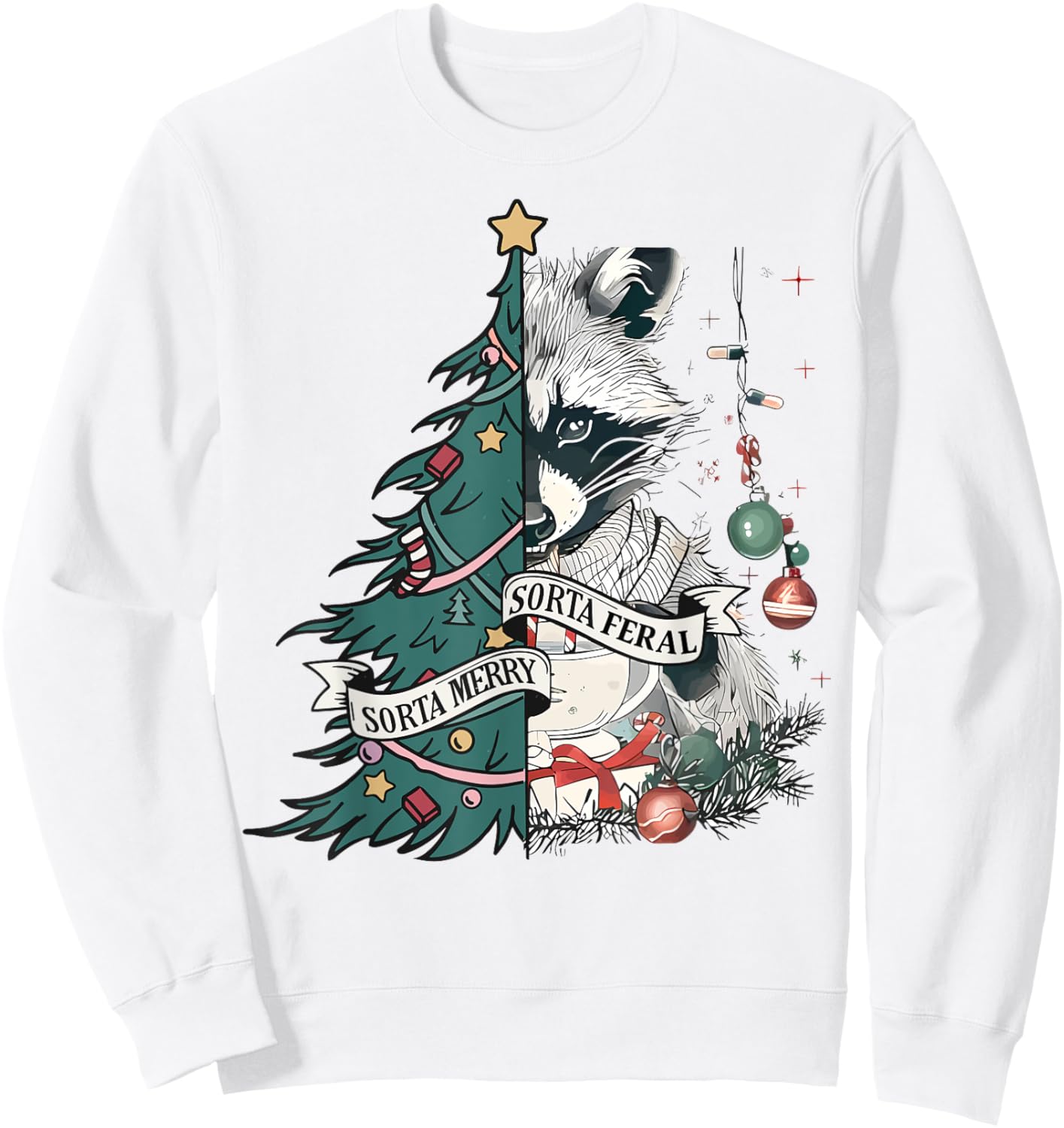 Funny Christmas Sorta Merry Sorta Feral Raccoon Xmas Tree Sweatshirt - Sweatshirt | White