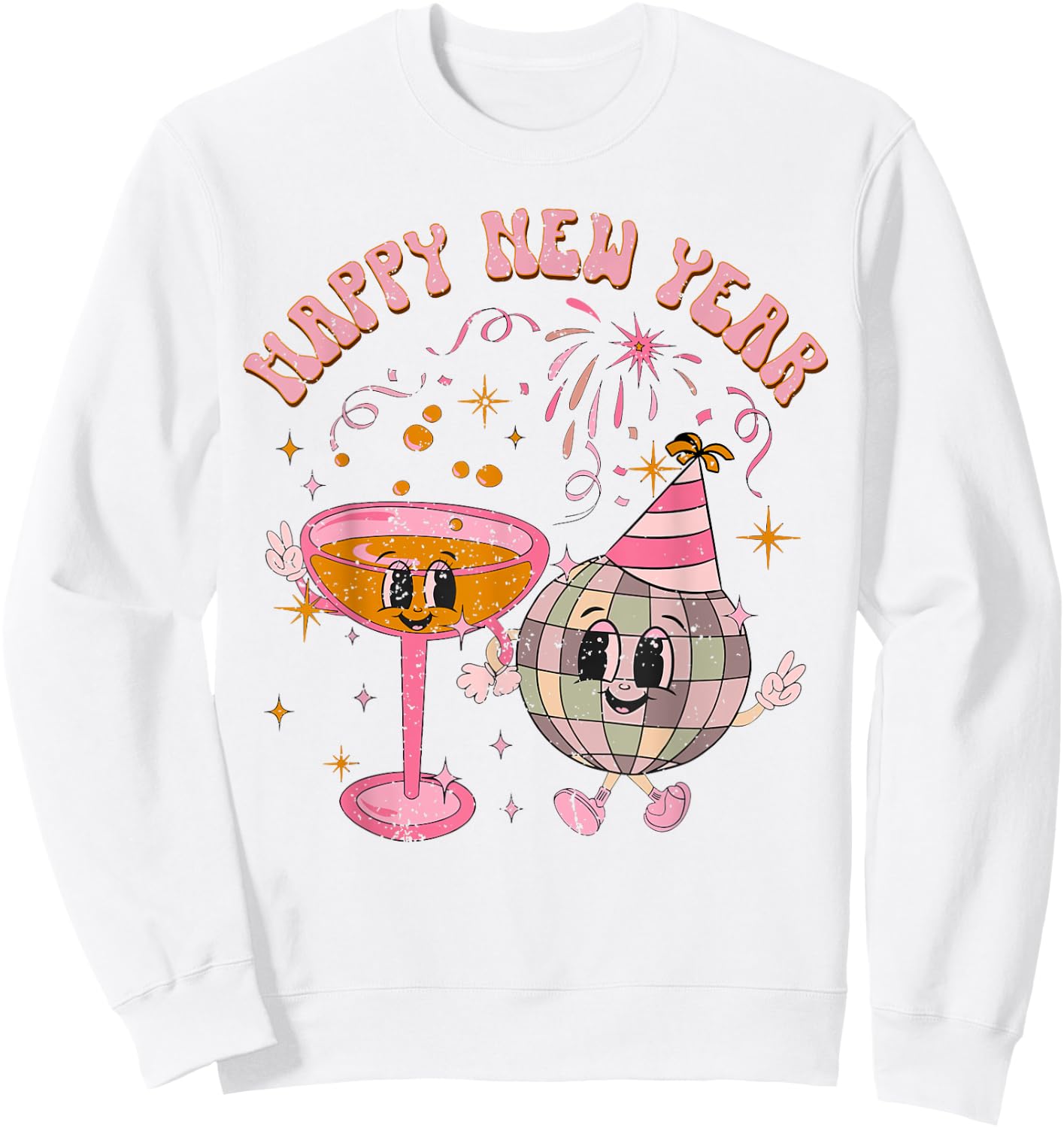 Happy New Year 2025 Disco Ball Wine Glass Cheers Drink Party Sweatshirt - Sweatshirt | White