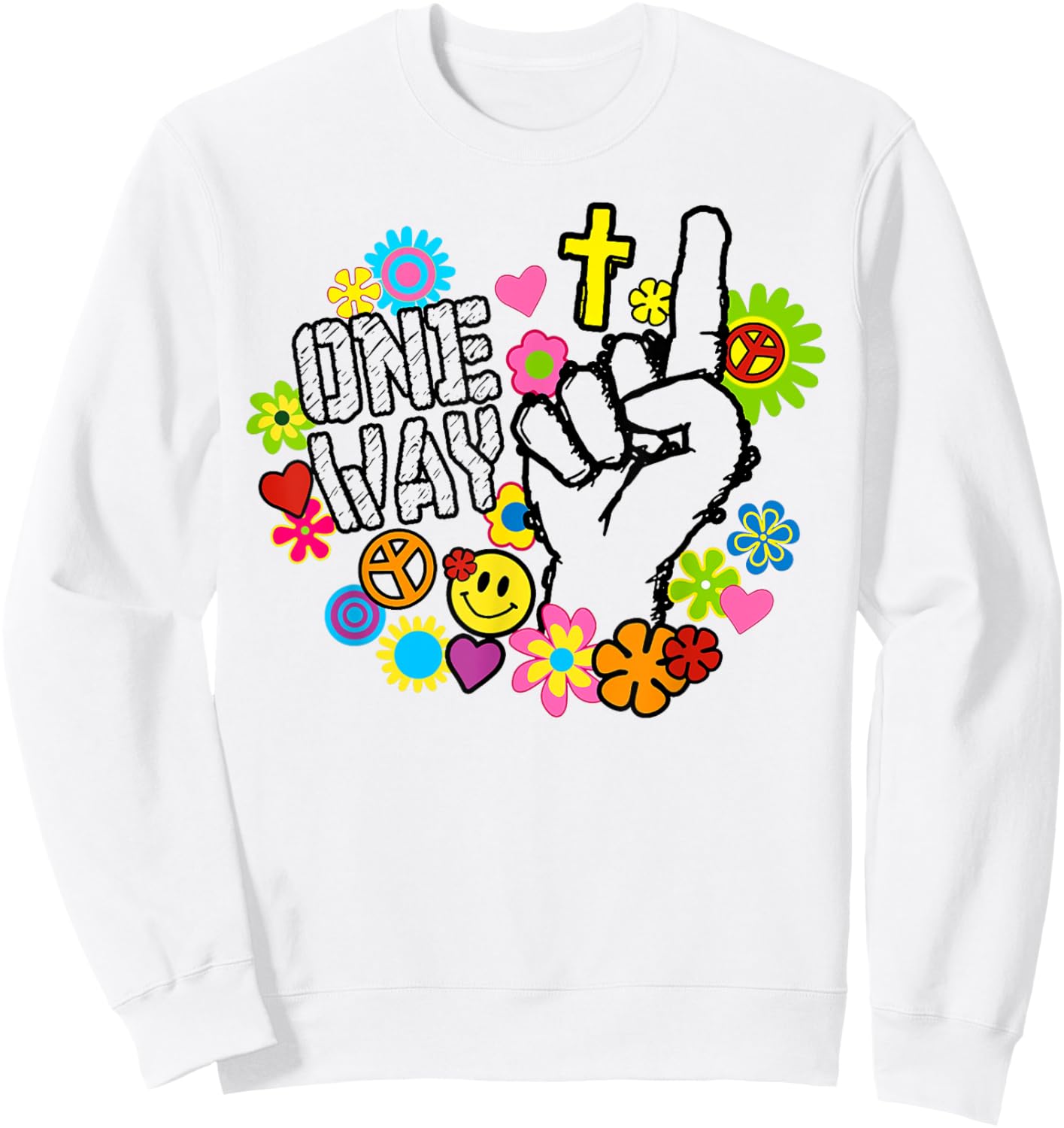 Funny One Way Jesus Floral Finger Up Christian Revolution Sweatshirt - Sweatshirt | White