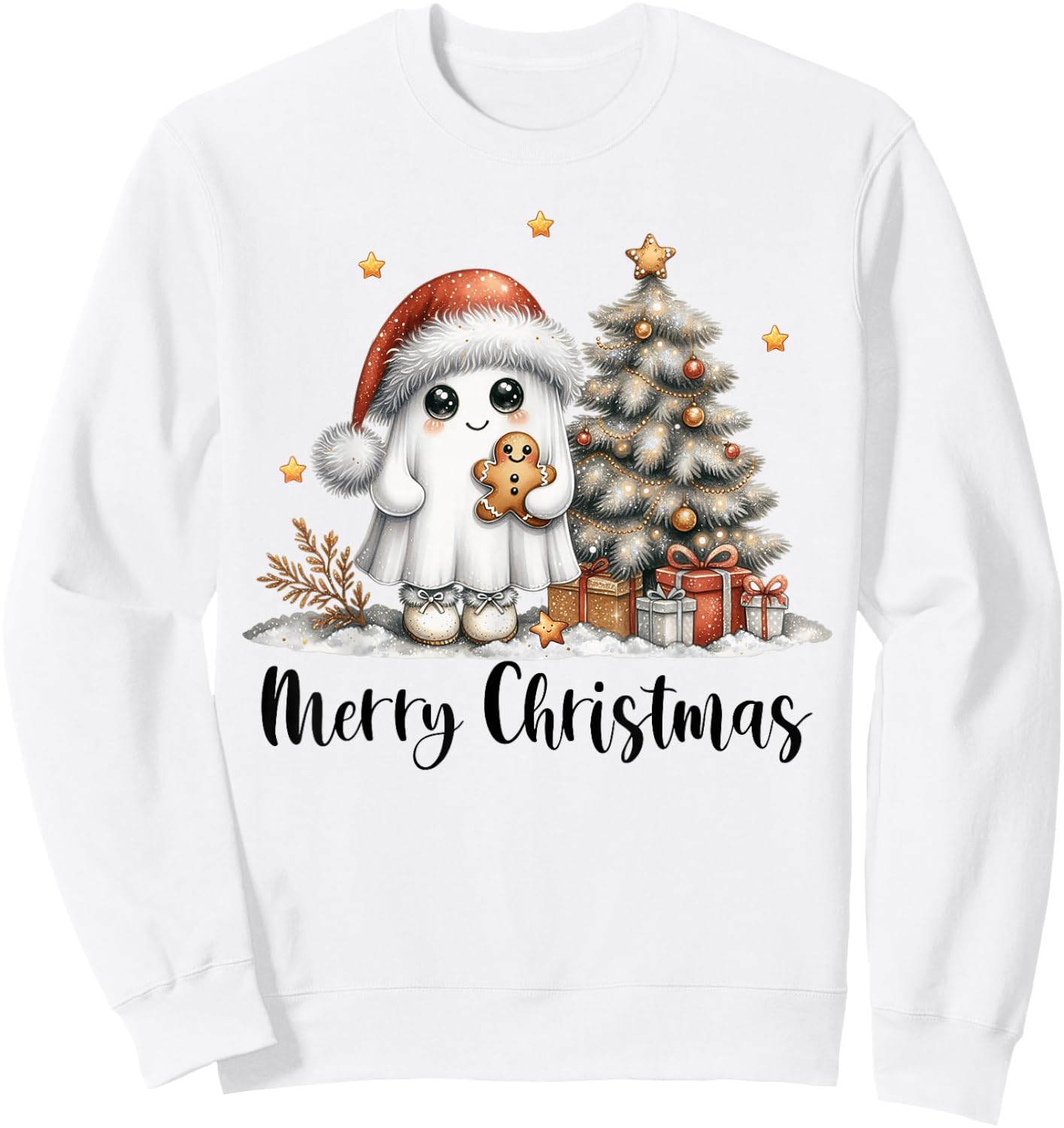 Merry Christmas Ghost With Santa Hat Xmas Tree Lights Men Sweatshirt - Sweatshirt | White