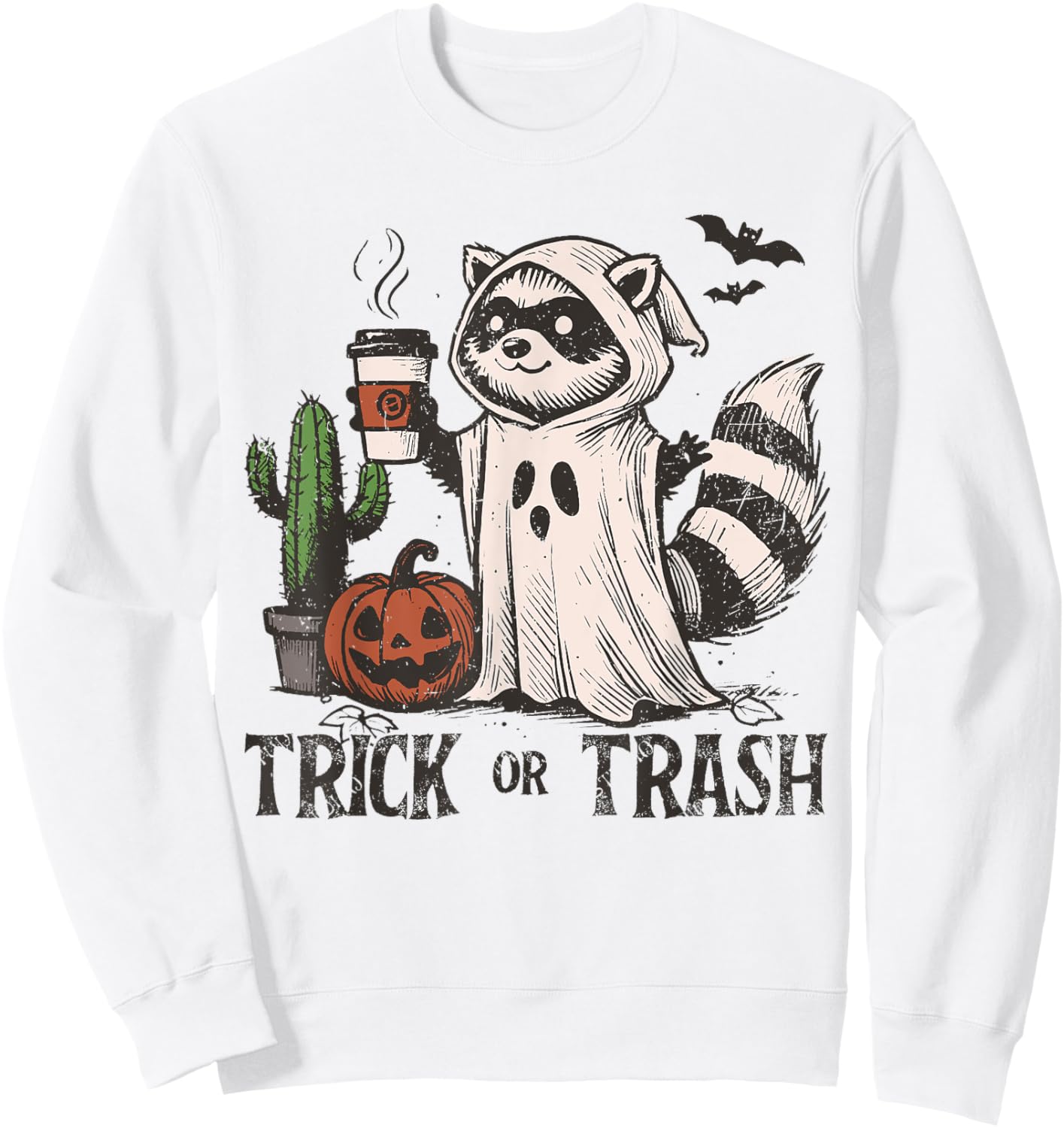 Trick or Trash Funny Coffee Racoon trash panda Halloween Sweatshirt - Sweatshirt | White