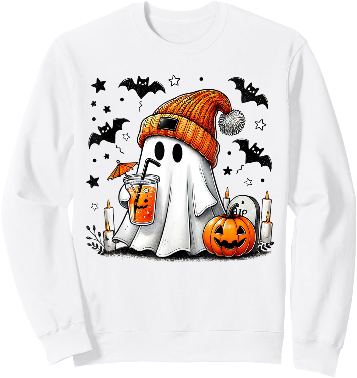 Cute Ghost Drinking Coffee Halloween Ghost Coffee Sweatshirt - Sweatshirt | White