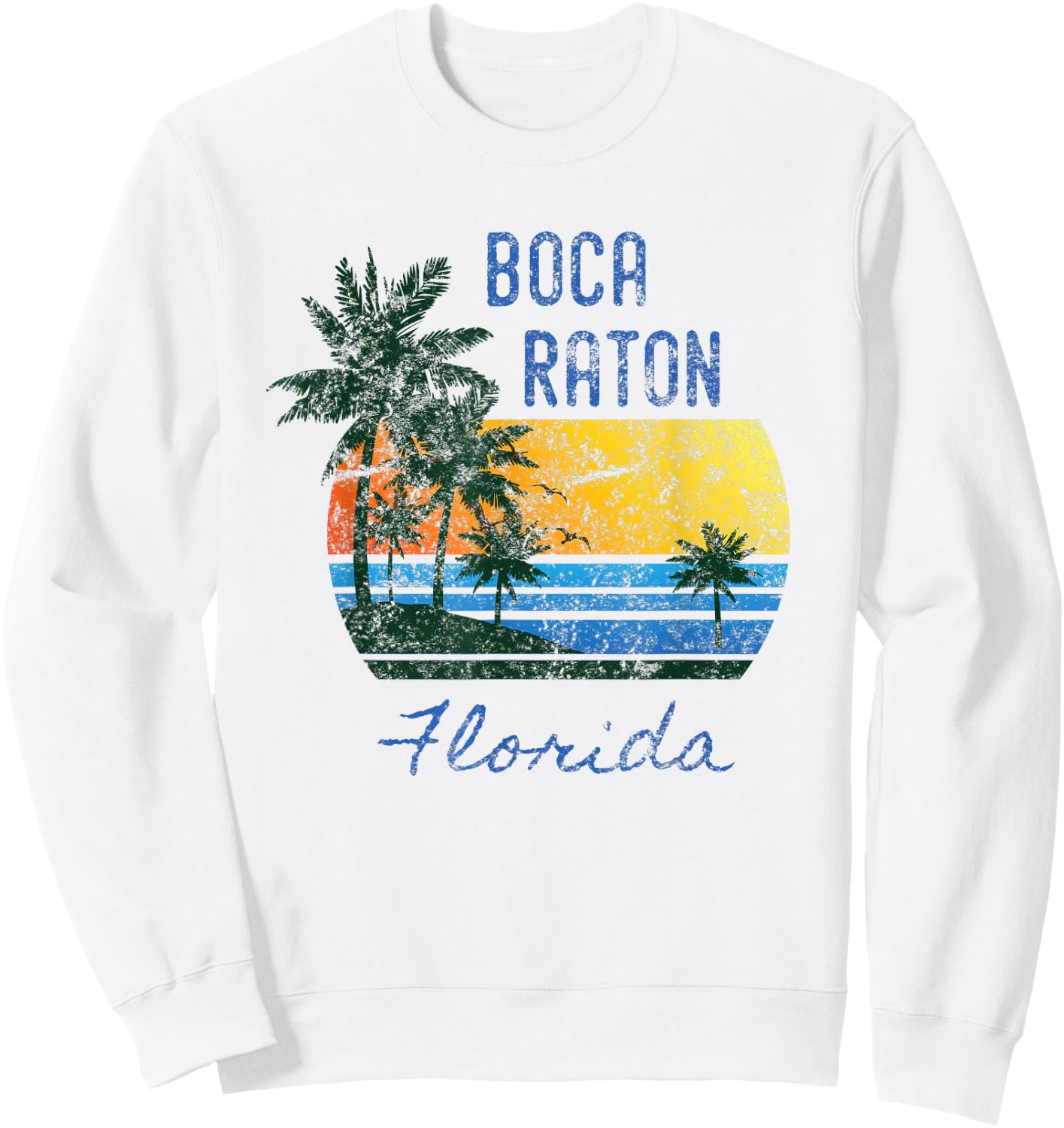 Retro Cool Boca Raton FL Distressed Palm Tree Sunset Novelty Sweatshirt - Sweatshirt | White