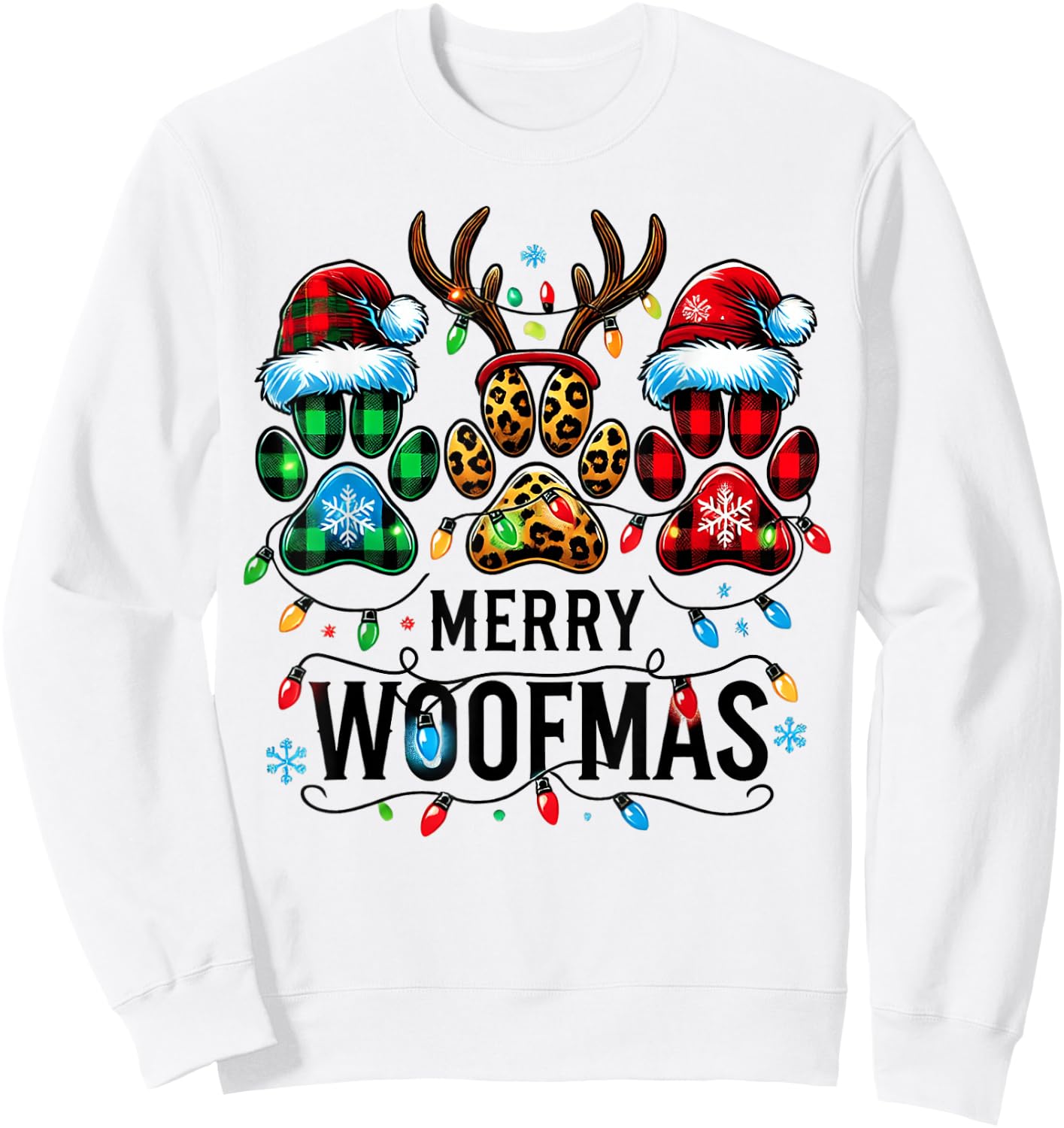 Merry Woofmas Christmas Dog Paws Lights Buffalo Plaid Women Sweatshirt - Sweatshirt | White