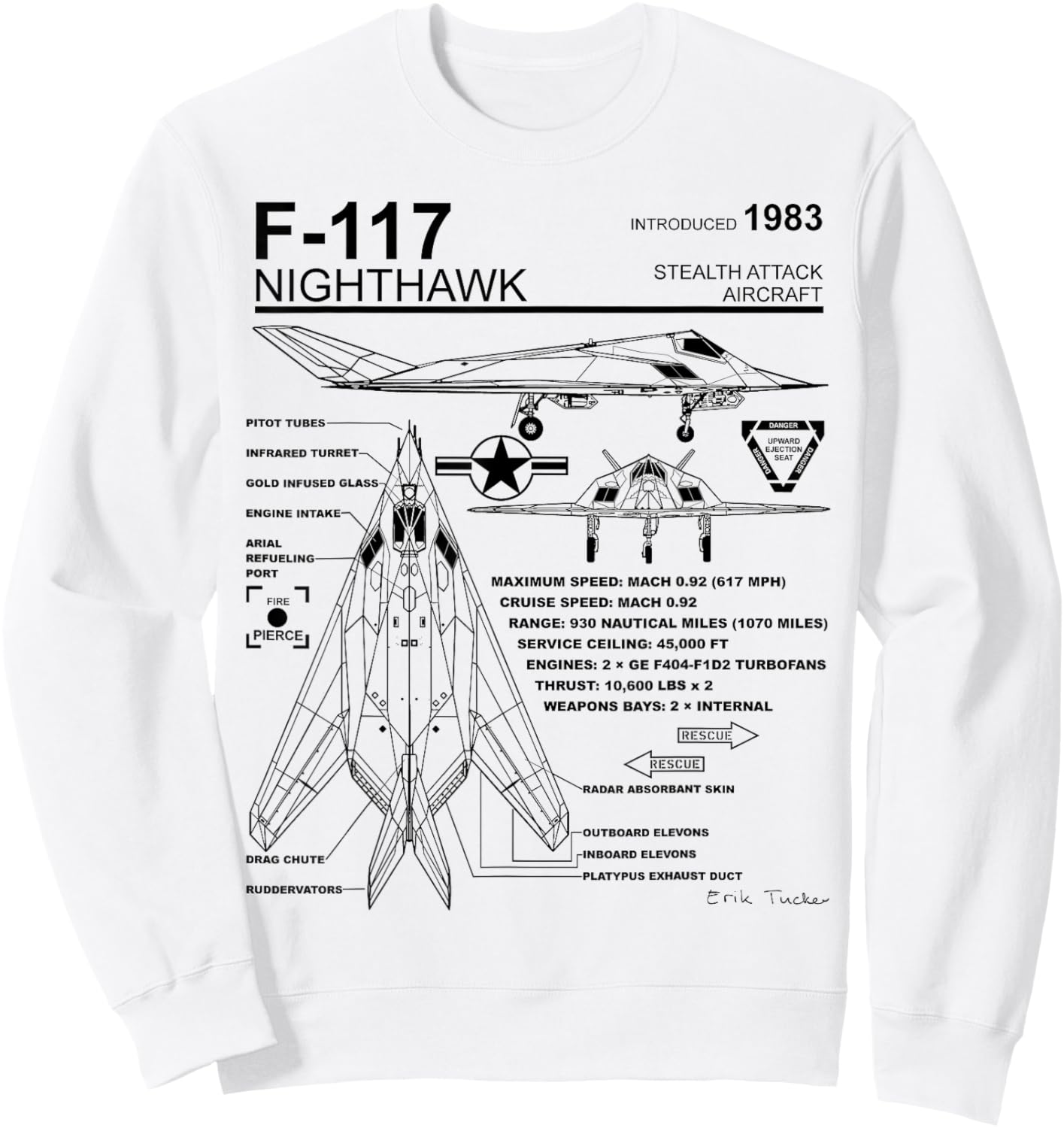 F-117 Nighthawk Stealth Fighter Schematic Infographic Sweatshirt - Sweatshirt | White