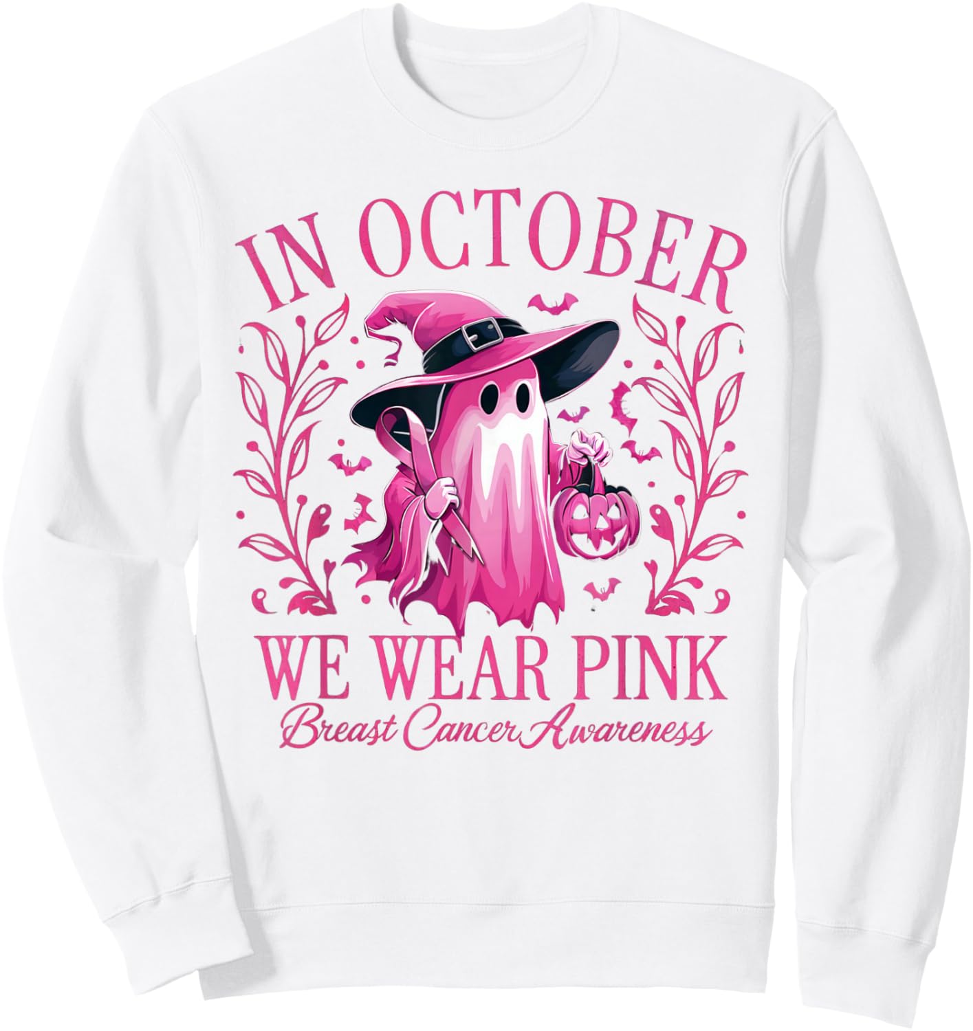 In October We Wear Pink Breast Cancer Awareness Halloween Sweatshirt - Sweatshirt | White