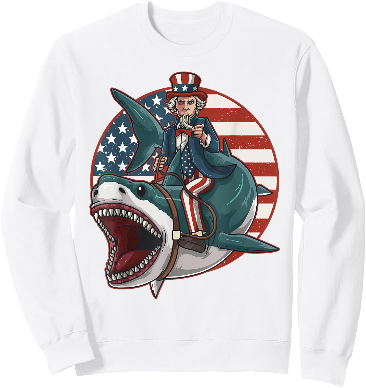 Uncle Sam Riding Great White Shark 4th of July Light Sweatshirt - Sweatshirt | White