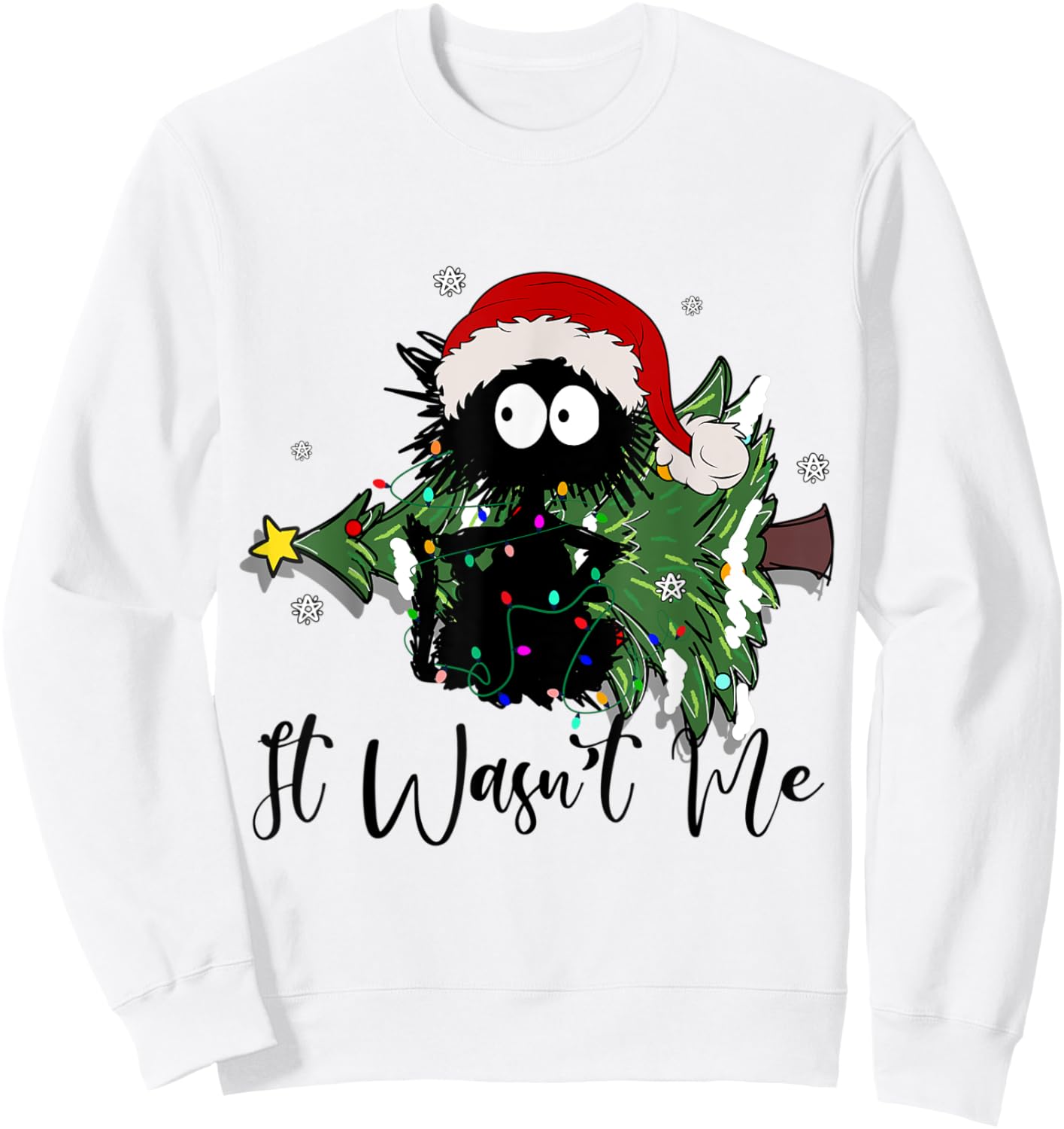 Santa's black cat gets tangled up in Christmas lights Sweatshirt - Sweatshirt | White