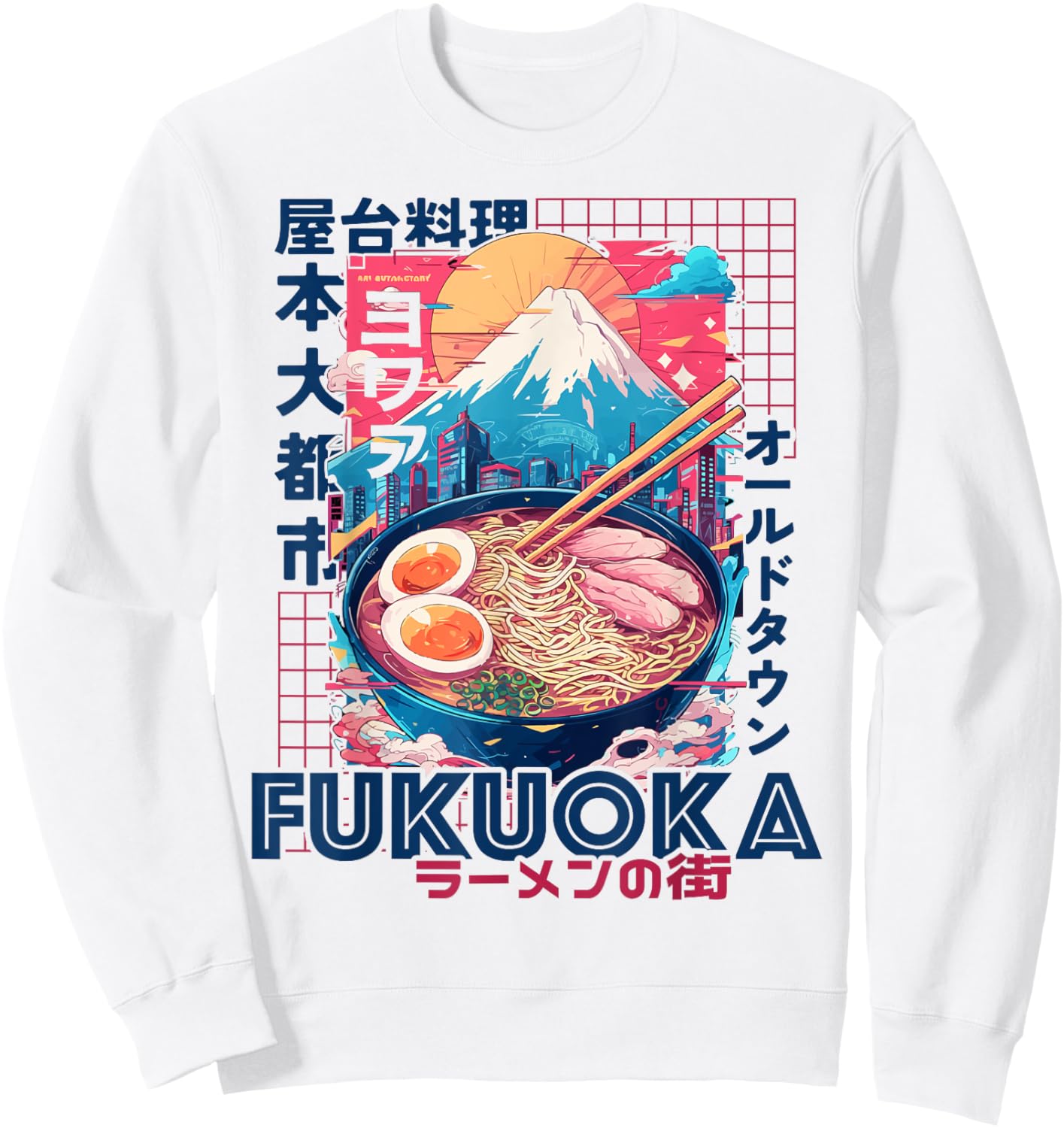 Fukuoka City 80s Synthwave Ramen Bowl of Japan Sweatshirt - Sweatshirt | White