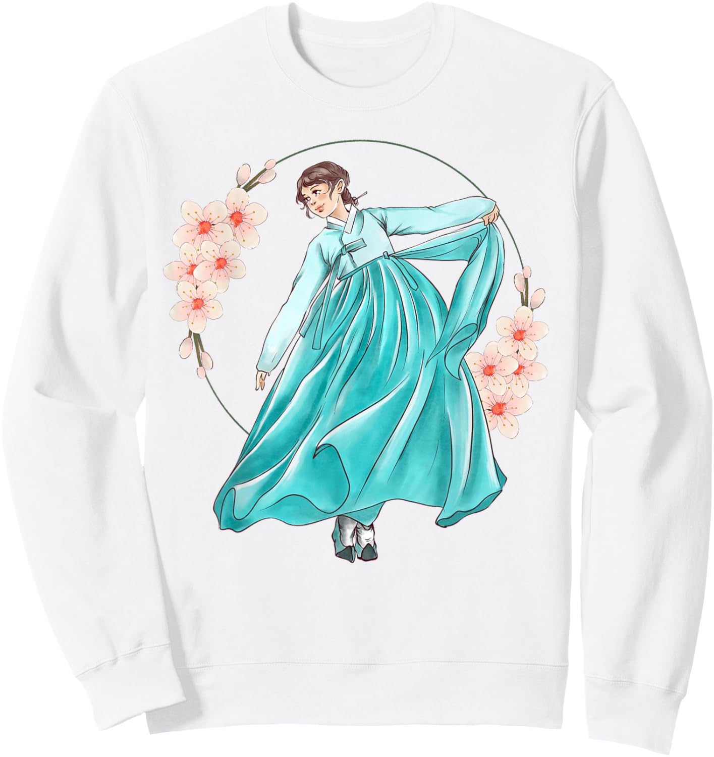 Girl Wearing Traditional Korean Hanbok Sweatshirt - Sweatshirt | White